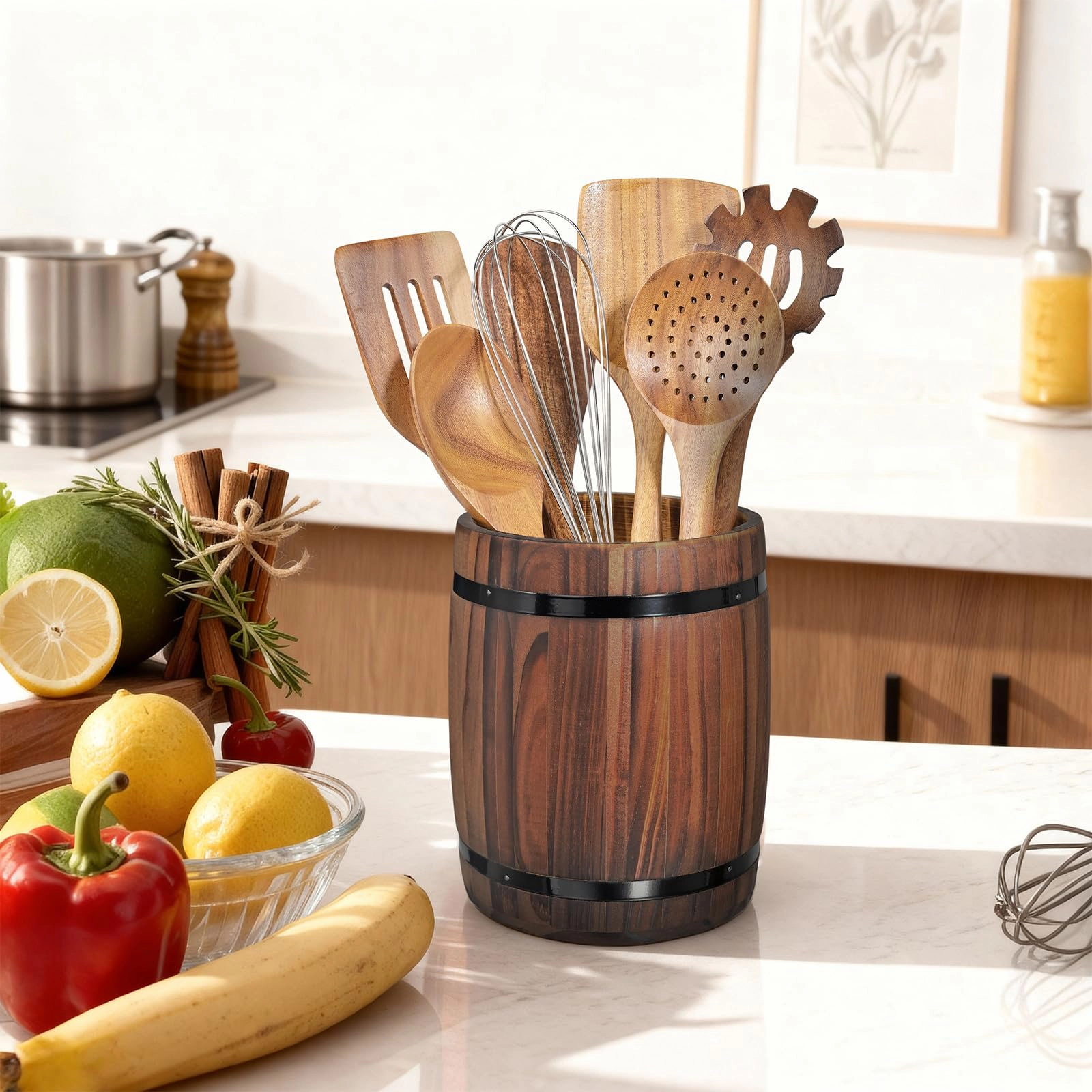 WZK Rustic Farmhouse Wooden Wine Barrel Sturdy Smooth Kitchen Utensil Holder