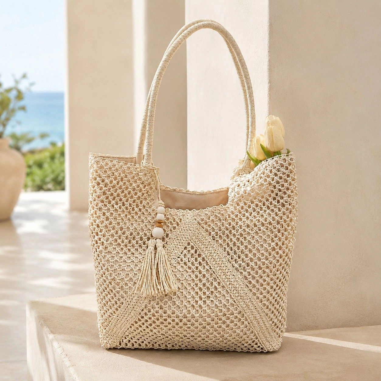 Alilang Women's Open Weave Beach Tote Bag with Zip Closure Rope Handles and Tassel Accent, Beige