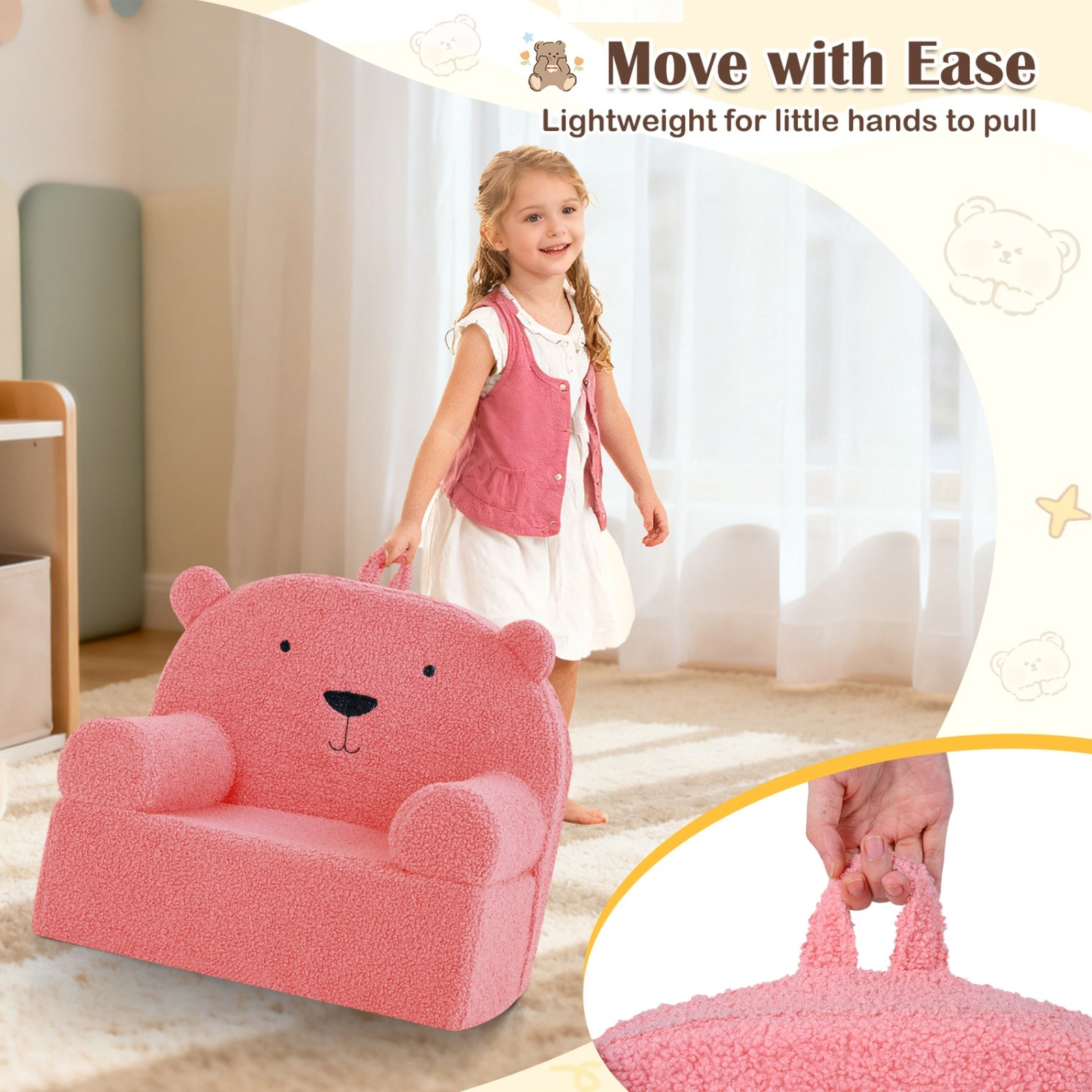SUGIFT Pink Soft Teddy Fleece Cover Kids Bear Foam Couch Toddler Armchair