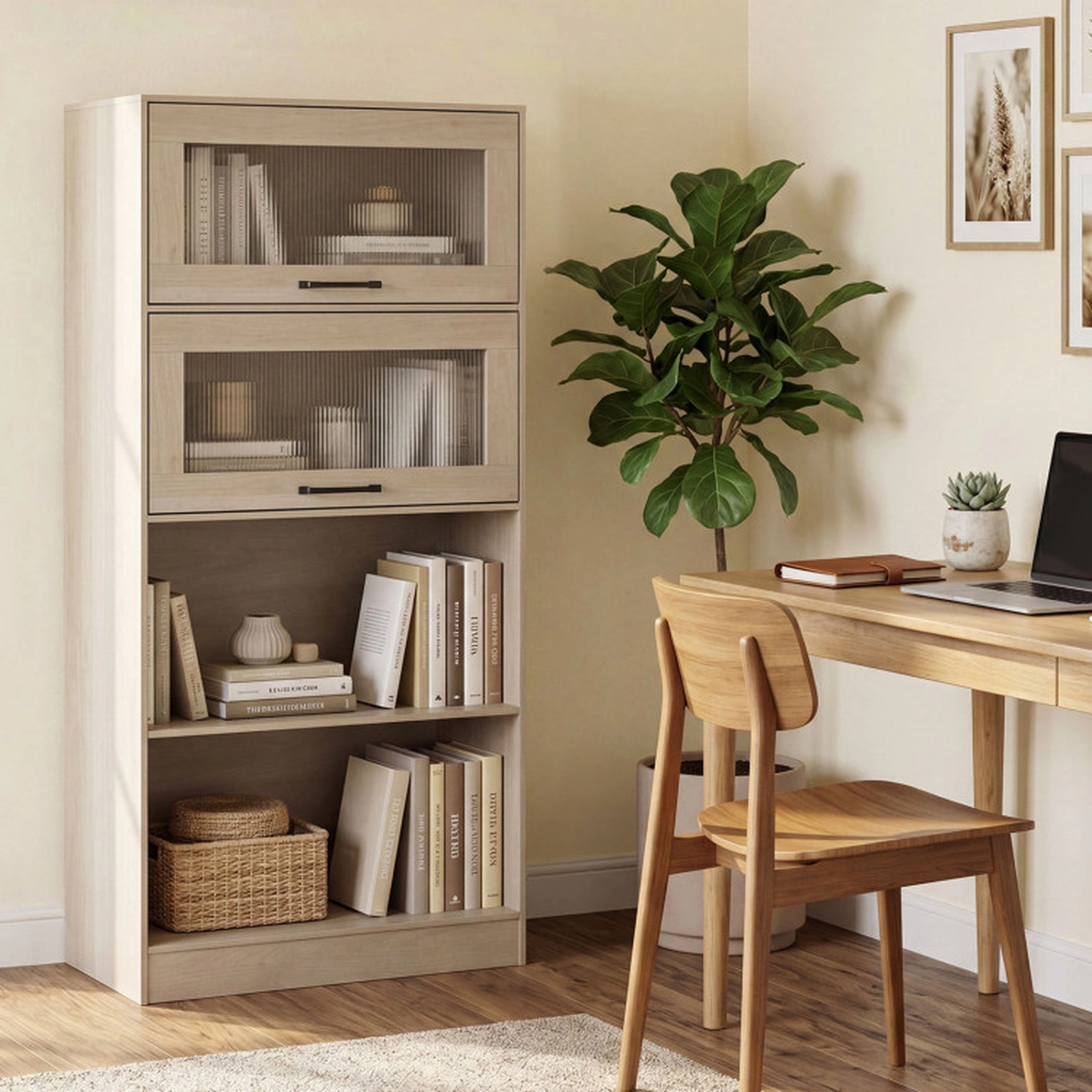 SUGIFT Natural 4-Tier Bookshelf with Transparent Flip-Up Doors and Open Compartments