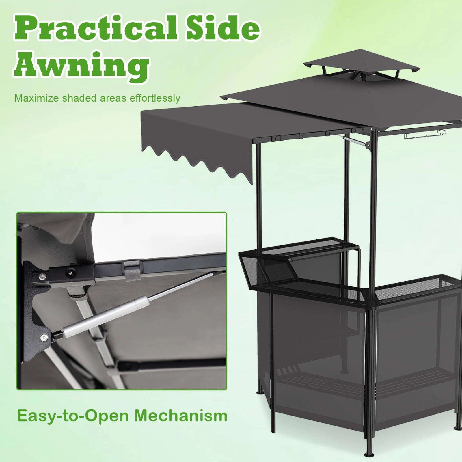 SUGIFT Black BBQ Grill Gazebo Canopy with Shelves, Hooks and Double-Tier Roof