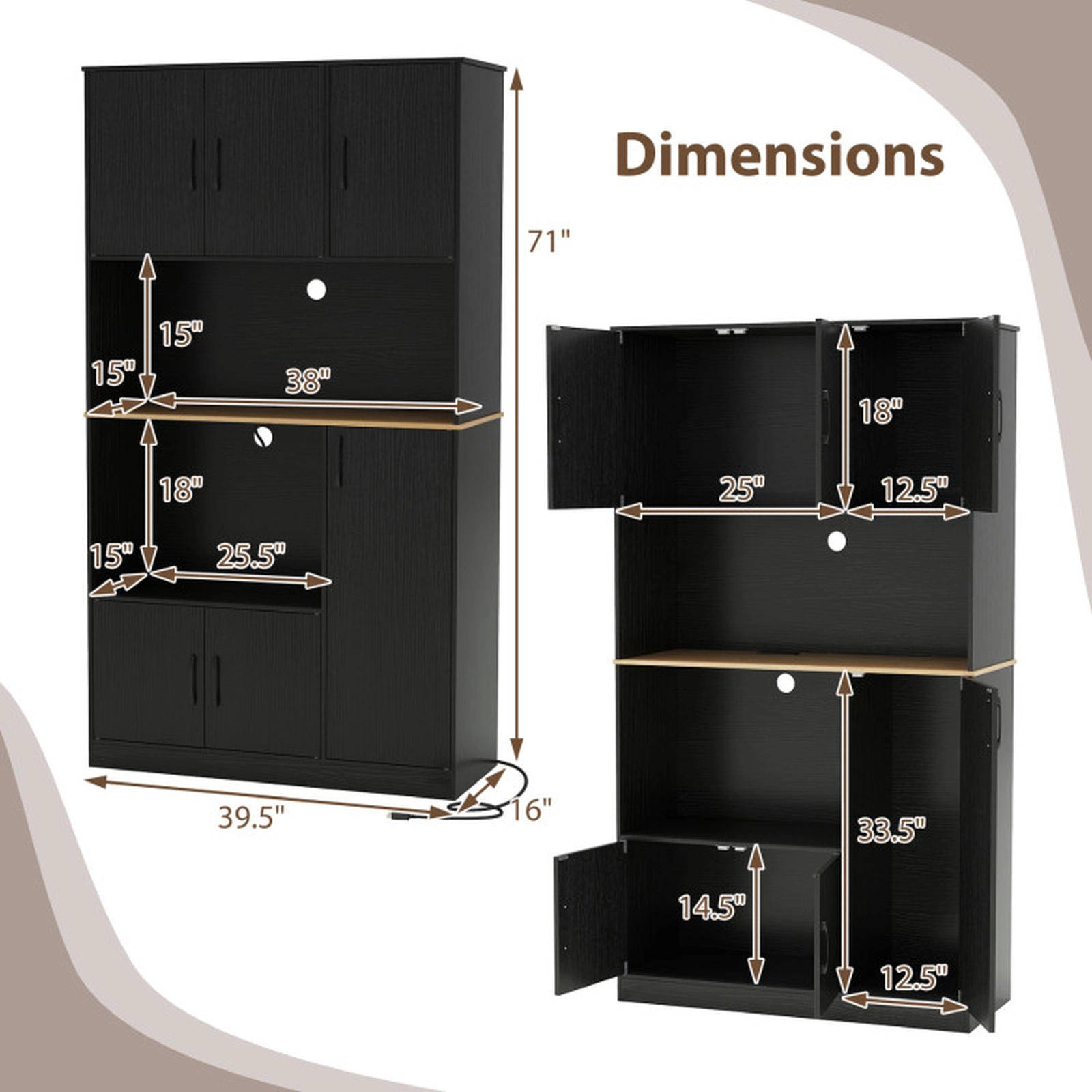 SUGIFT Tall Kitchen Pantry Cabinet with Charging Station 77-lb Countertop 44-lb Microwave Stand Black
