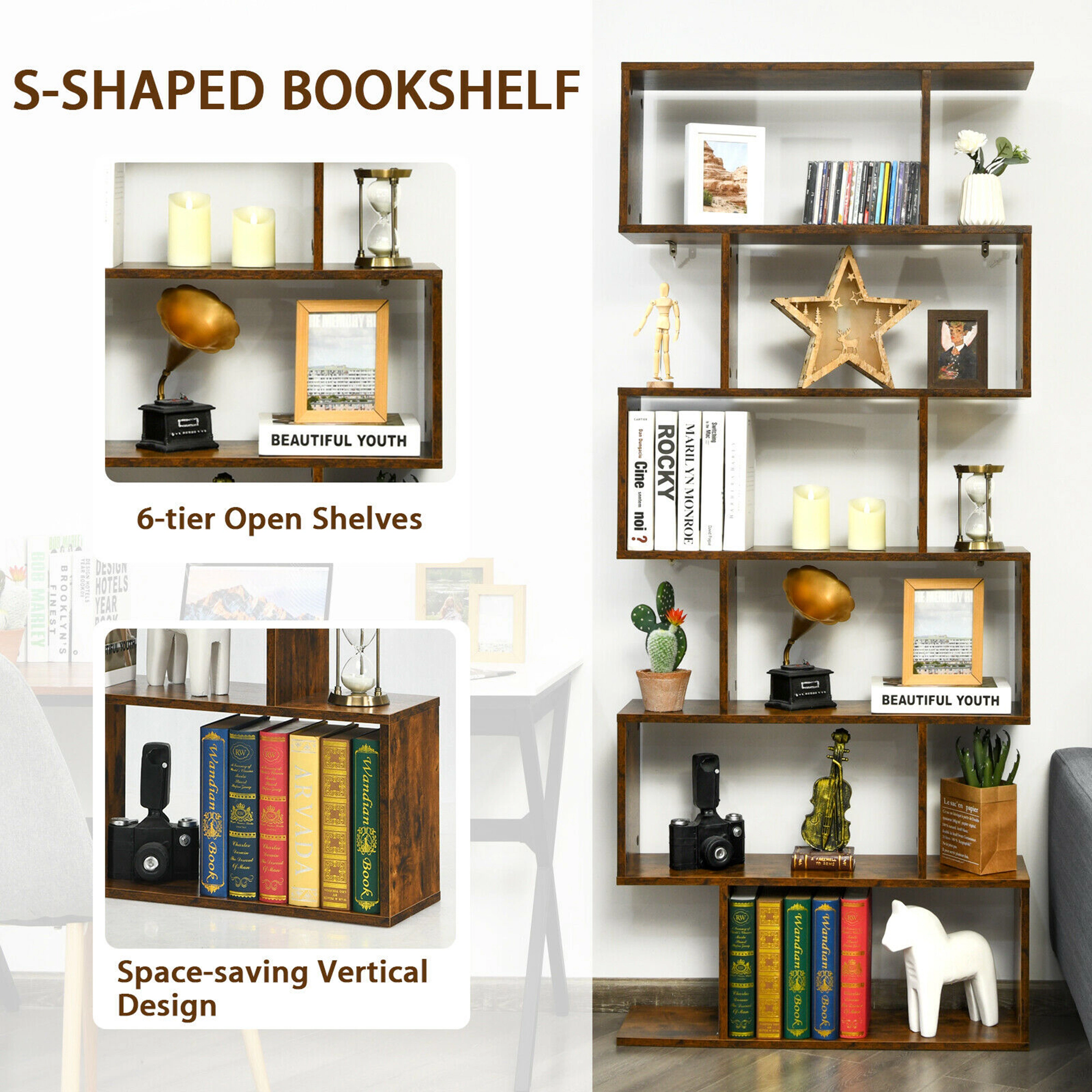 Costway 6 Tier S-Shaped Bookshelf Storage Display Bookcase Decor Z-Shelf Coffee
