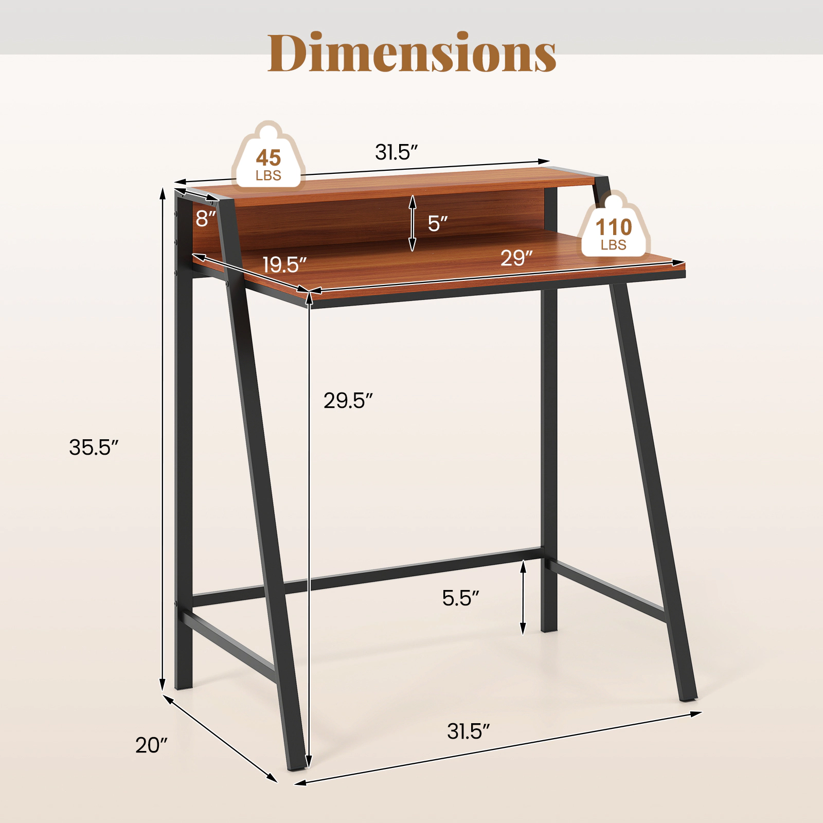 SUGIFT 31 in Computer Desk 2-Tier Study Table with Monitor Stand and Iron Frame
