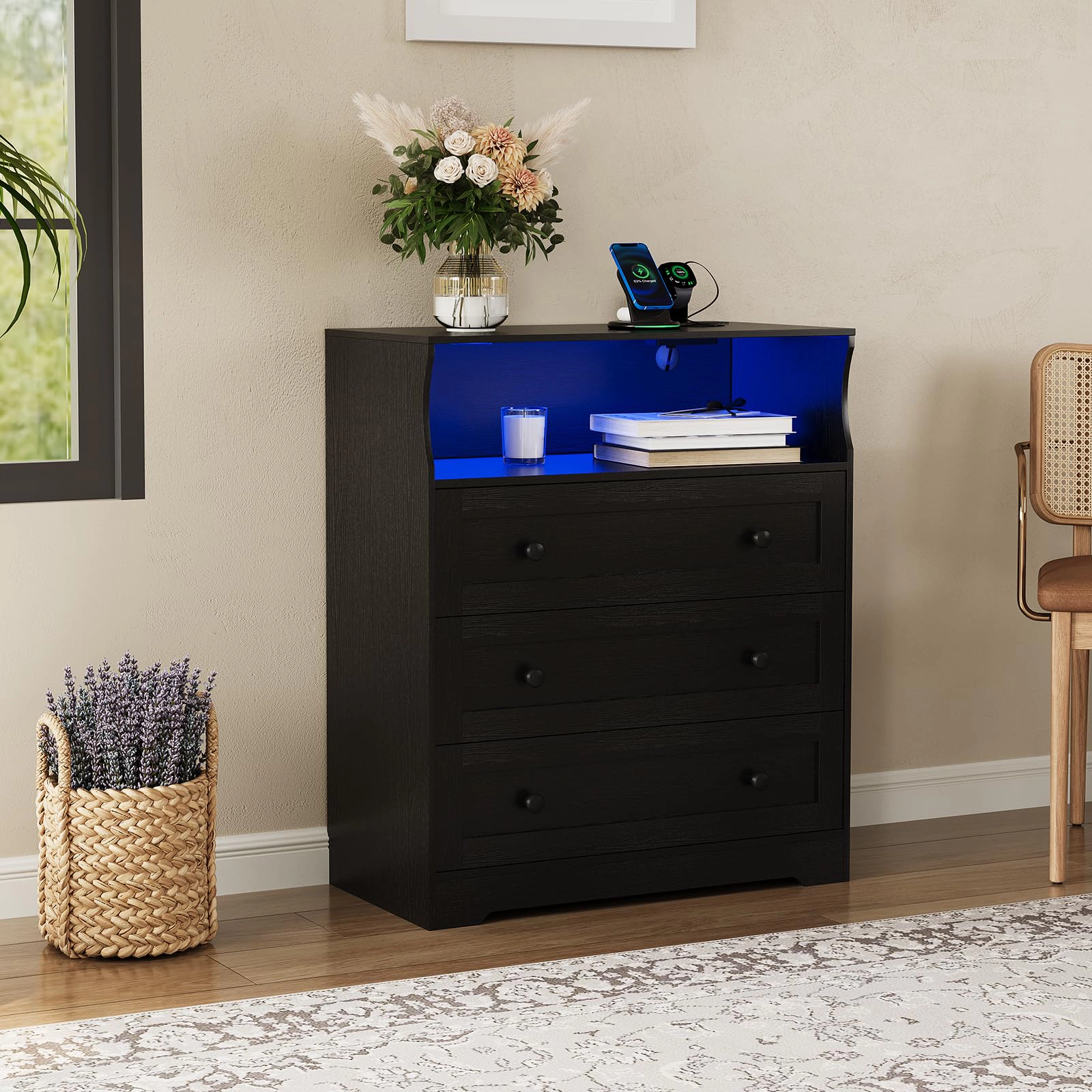 37.2" 3 Drawer Dresser with LED Lights & Charging Station, Wood Storage Chest Open Shelf