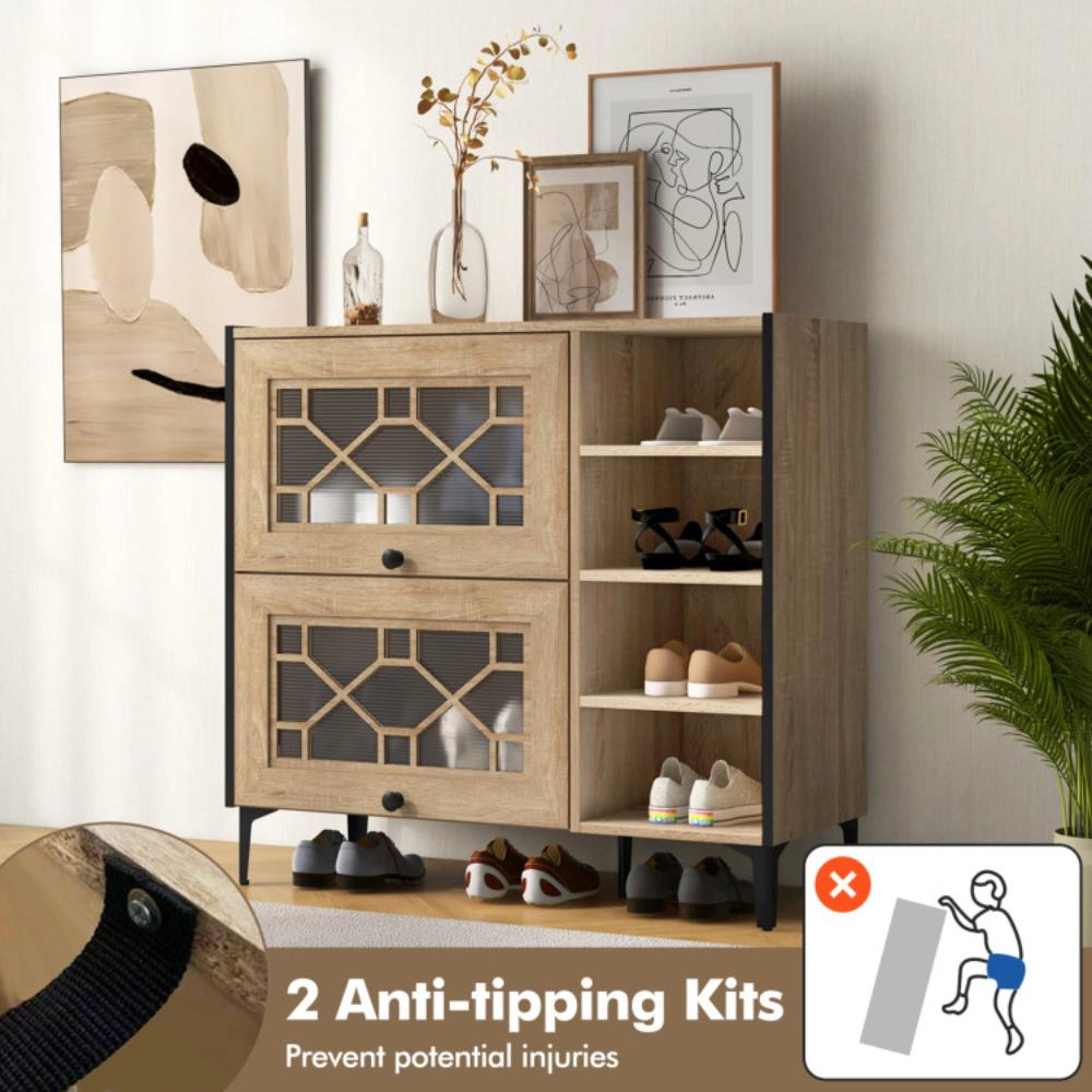 Hivvago Rustic Shoe Cabinet with Flip-up See-through Doors and Adjustable Shelves-Oak