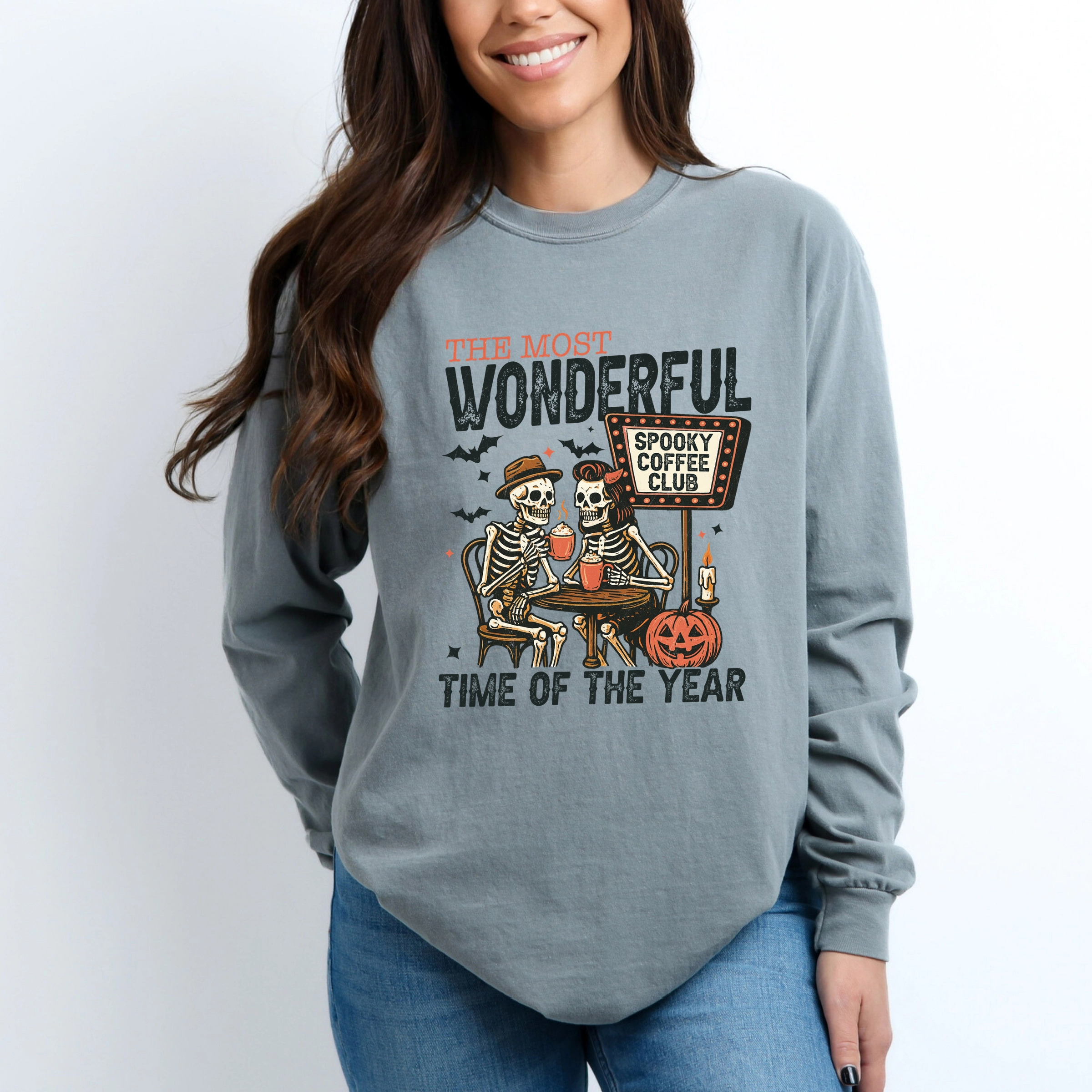 Simply Sage Market - Women's Garment Dyed Long Sleeve Graphic T-Shirt Halloween Wonderful Time of the Year Skeletons