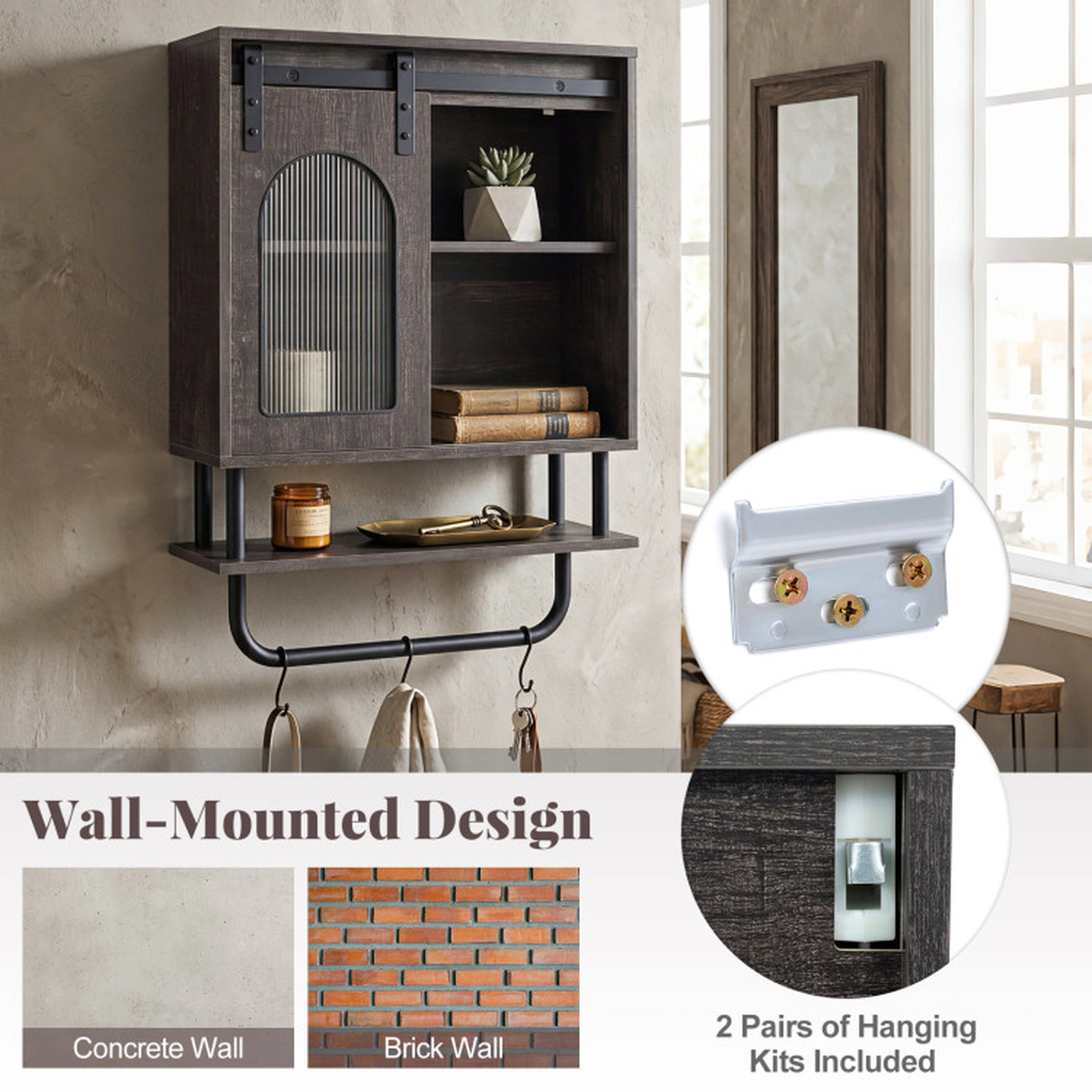 SUGIFT Barn Door Metal Bar 3 Hooks 3-Tier Wall Mount Bathroom Cabinet 20-in x 8-in x 27.5-in 66-lb Capacity Black