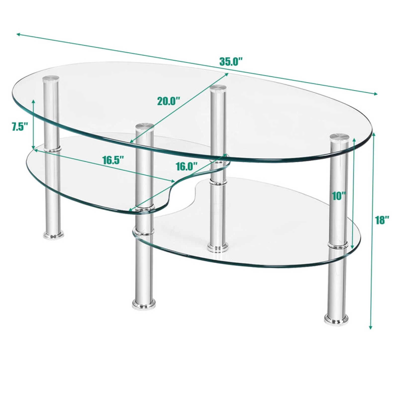 SUGIFT Tempered Glass Oval Side Coffee Table with 2 Shelves 90-lb Top Capacity 35-in Long Black/Transparent