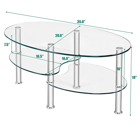 SUGIFT Tempered Glass Oval Side Coffee Table with 2 Shelves 90-lb Top Capacity 35-in Long Black/Transparent