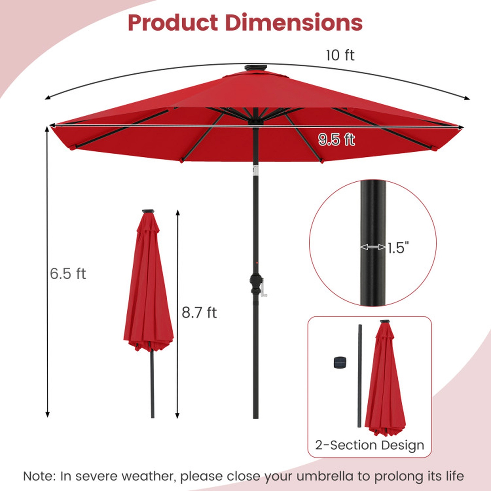 SUGIFT 10-Ft Red Solar Patio Umbrella, 96 LED Lights, 9 Color Modes, Crank Lift