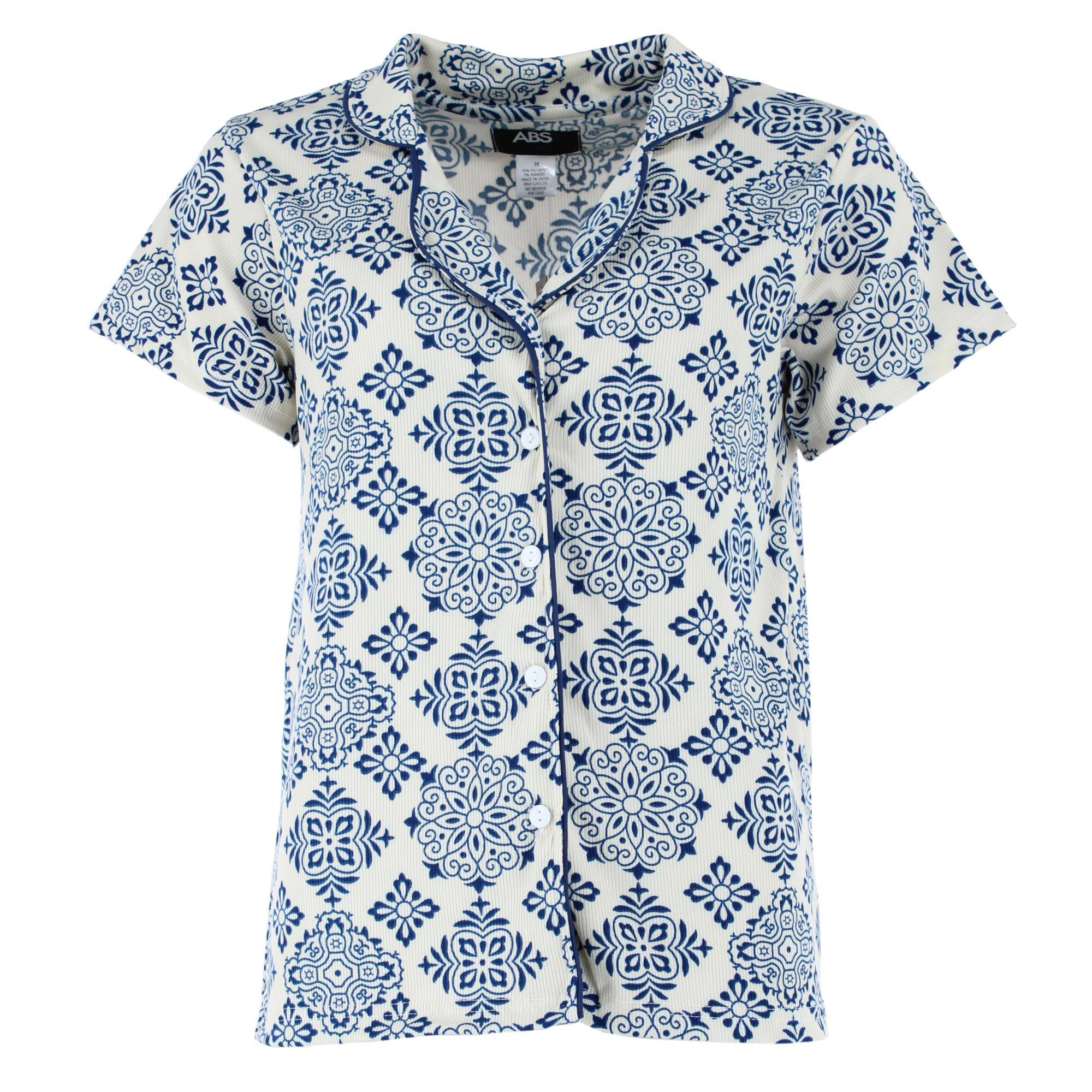 CTM Women's Patterned Button Down Short Sleeve Pajama Set