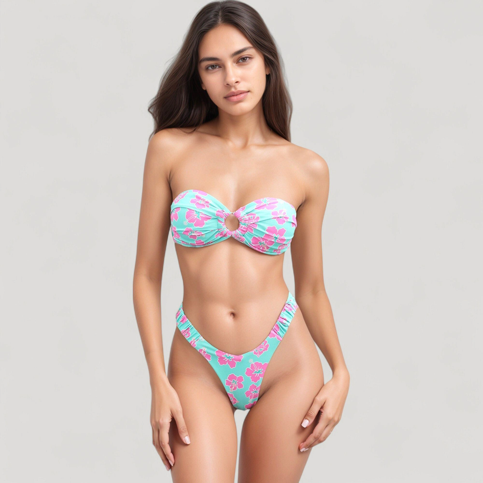 Anna-Kaci Women’s Strapless Bandeau Bikini Set Twisted Front Knot Retro Floral Print