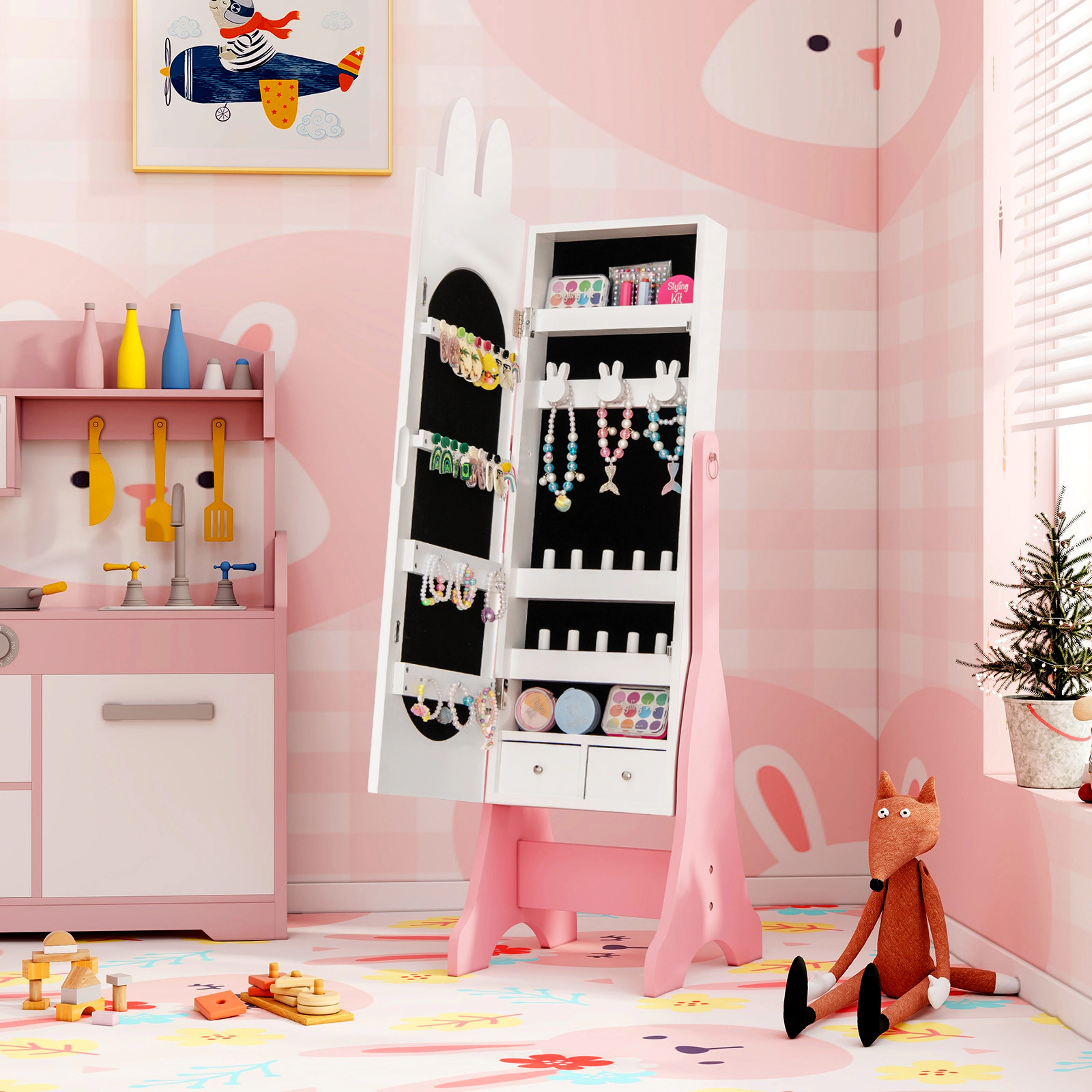 SUGIFT 45-in Kids Dress-Up Mirror Cabinet Full-Length Jewelry Armoire with 2 Tilt Angles Hooks and Drawers