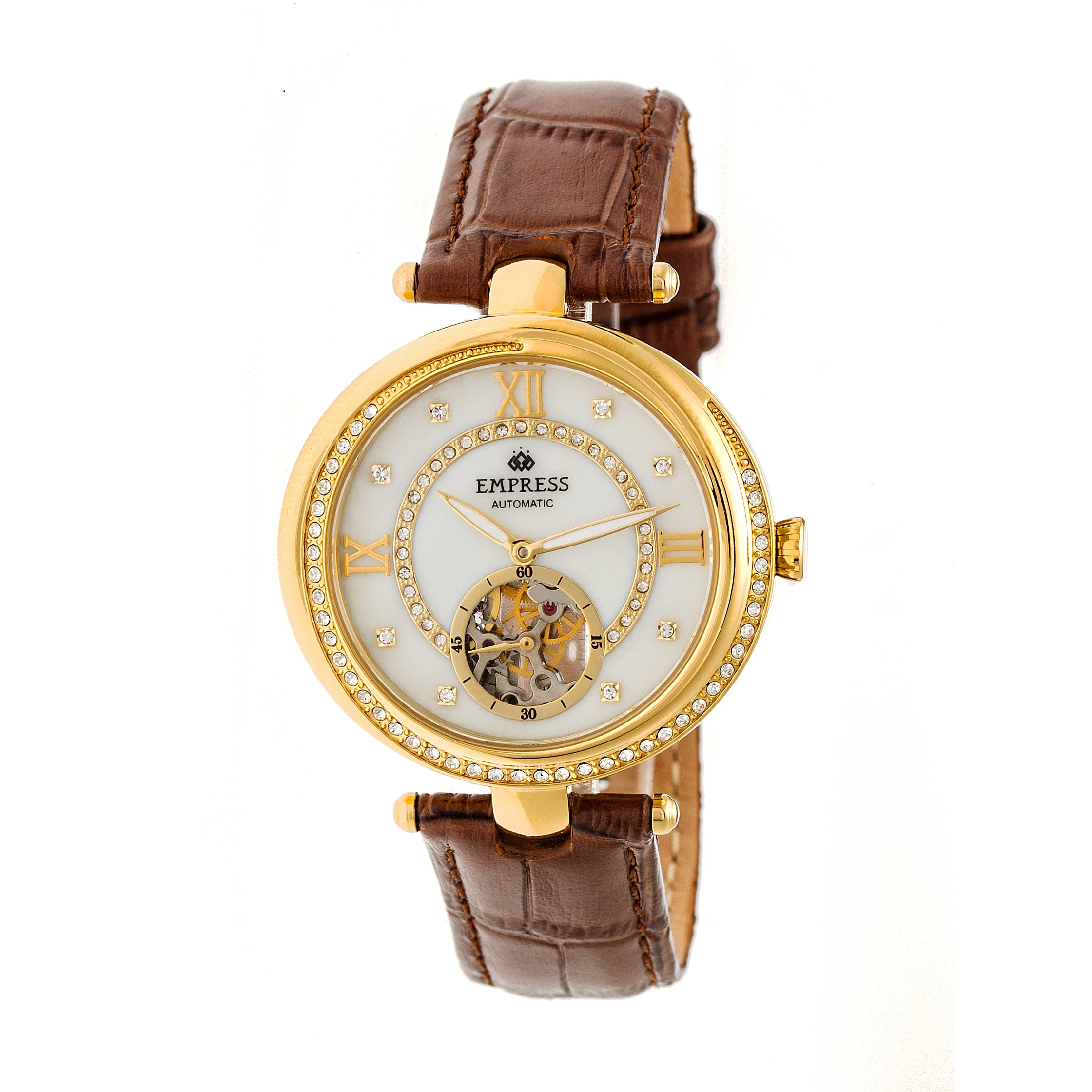 Empress Stella Automatic Semi-Skeleton MOP Leather-Band Watch