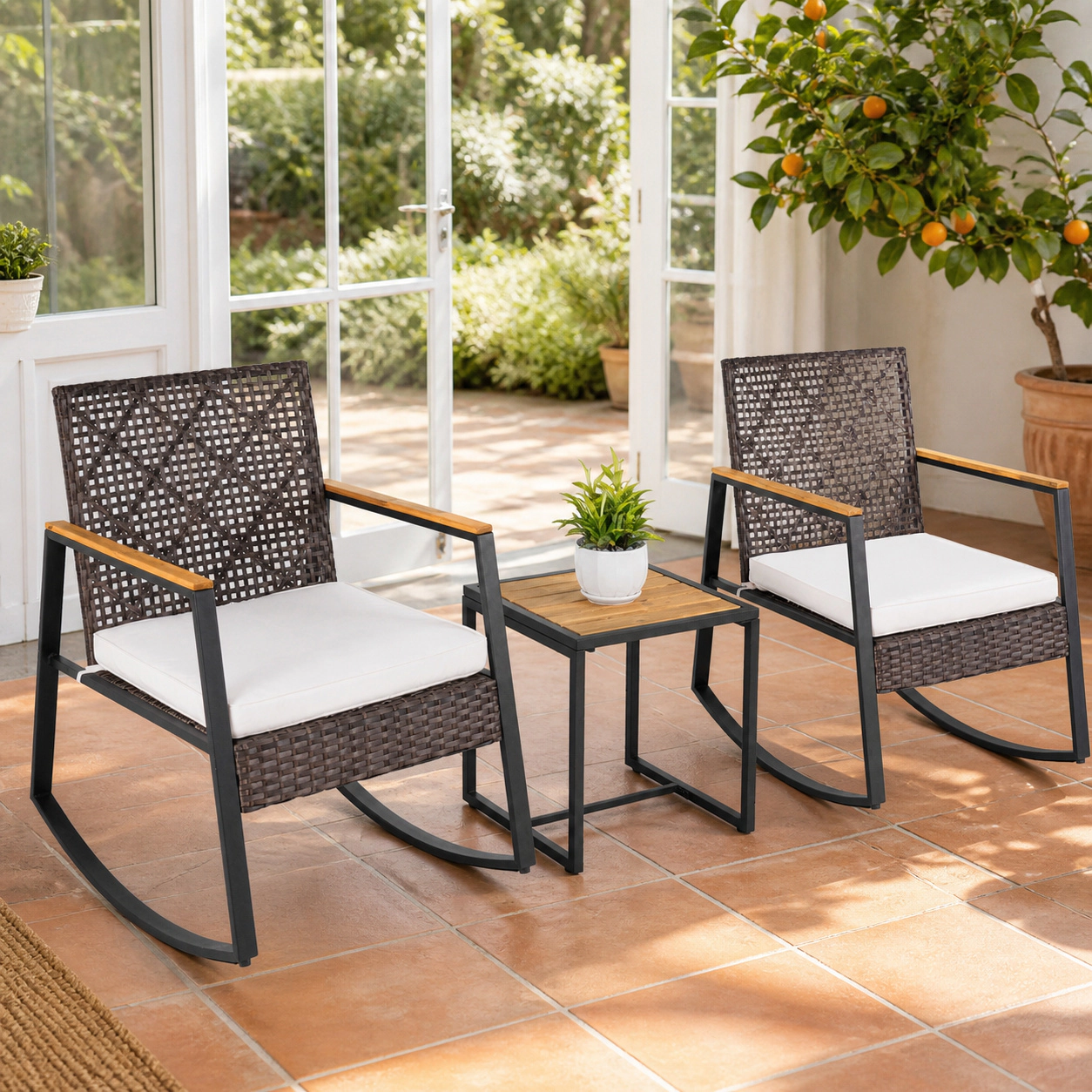 SUGIFT 3-Piece Mixed Brown Outdoor Wicker Rocking Chair Set with Coffee Table