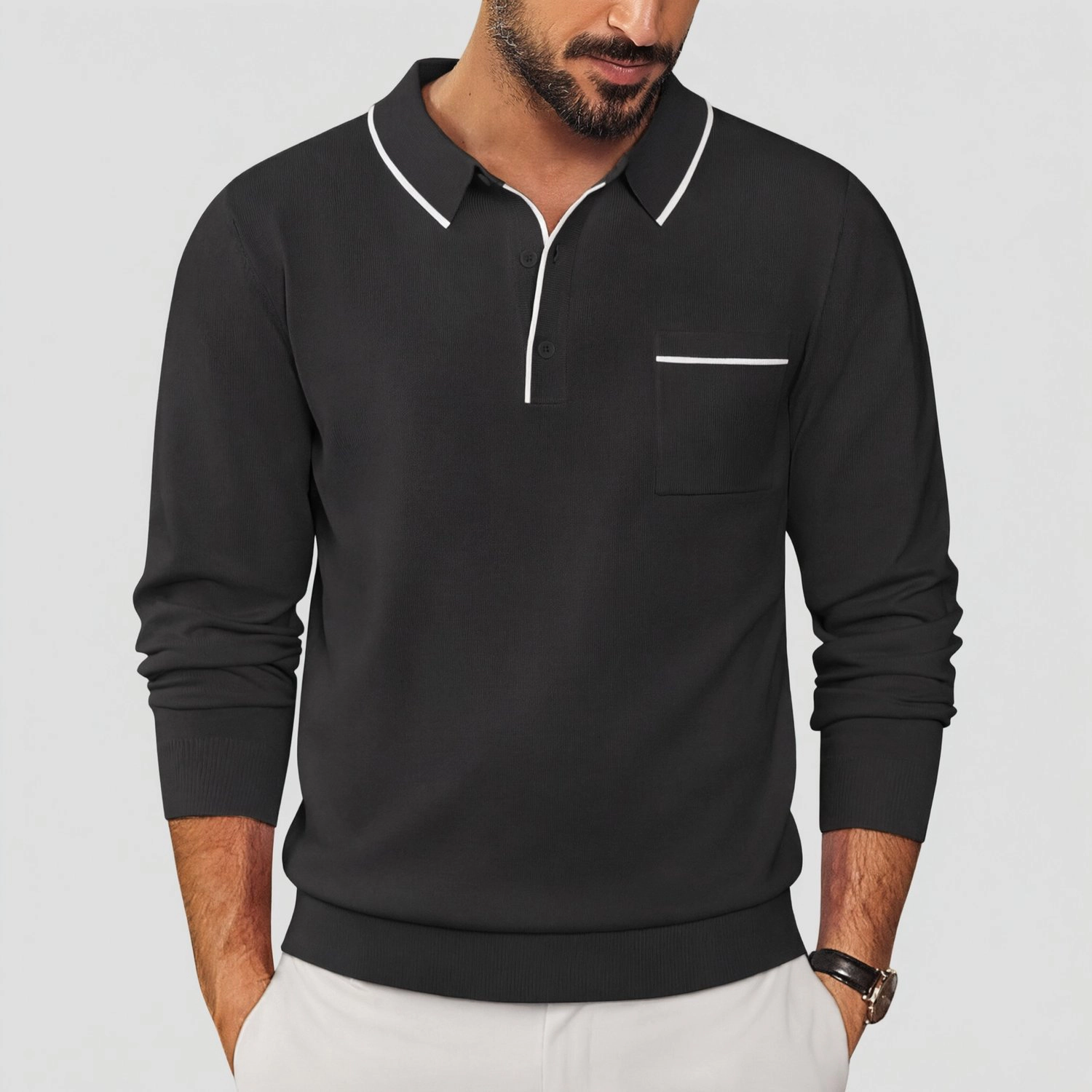 COOFANDY Contrast Piping Long Sleeve Polo Shirt Chest Pocket Casual Fall Tops