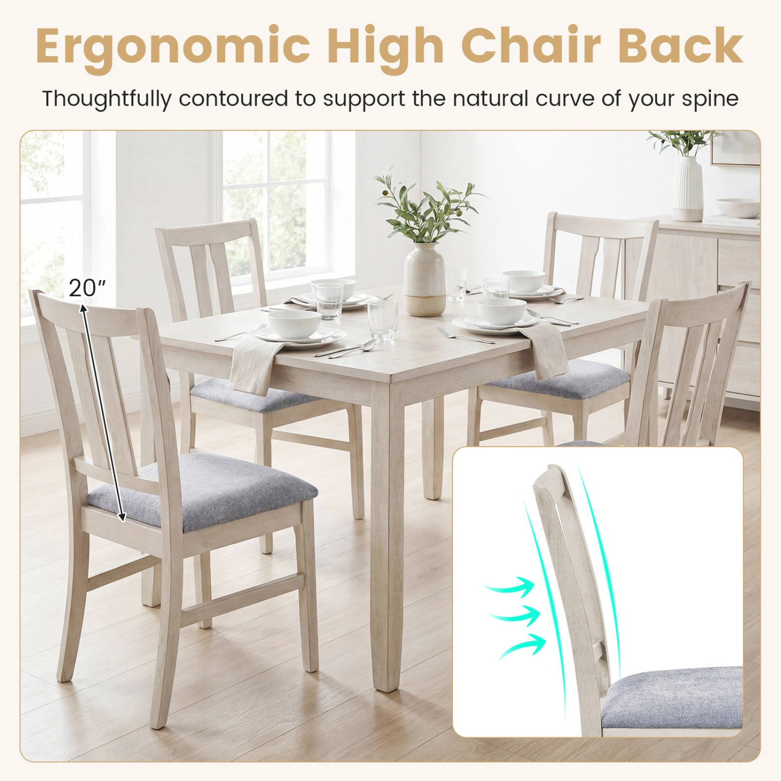 SUGIFT Set of 2 Wooden Upholstered Dining Chairs High Curved 20-in Back 330-lb Capacity Gray & White Rubber Wood Frame