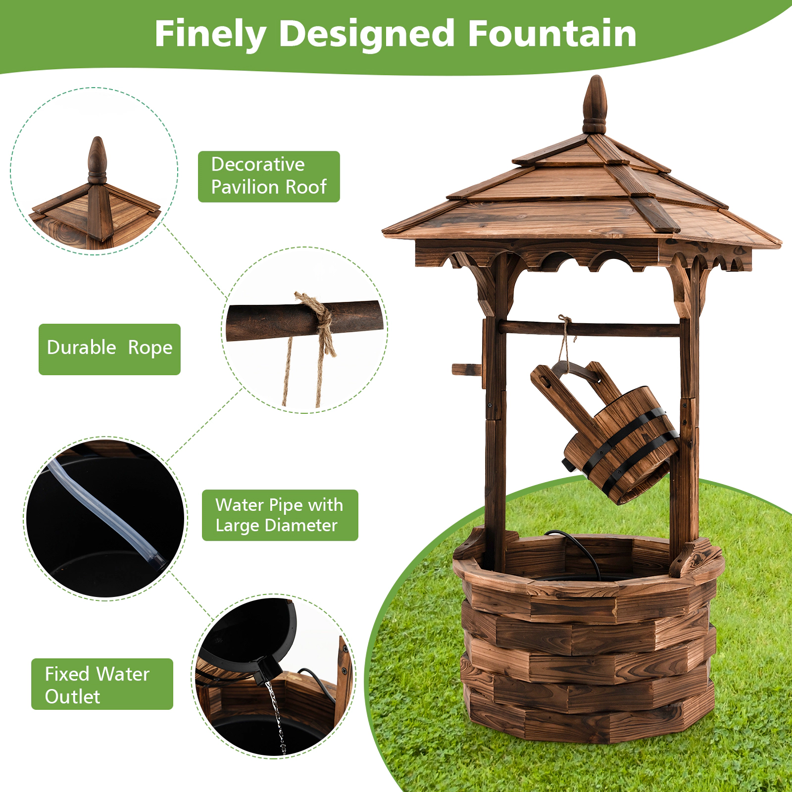 SUGIFT Patio Wooden Water Fountain Brown Wishing Well with Electric Pump