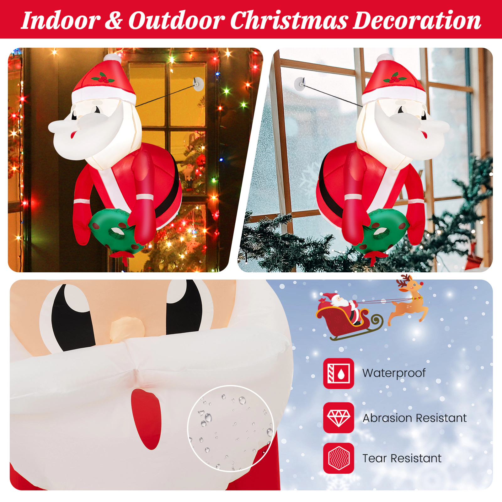 SUGIFT 3.3-ft Lighted Inflatable Santa Claus Window Decoration with Built-in Blower 0.9-lb Polyester Fabric Red