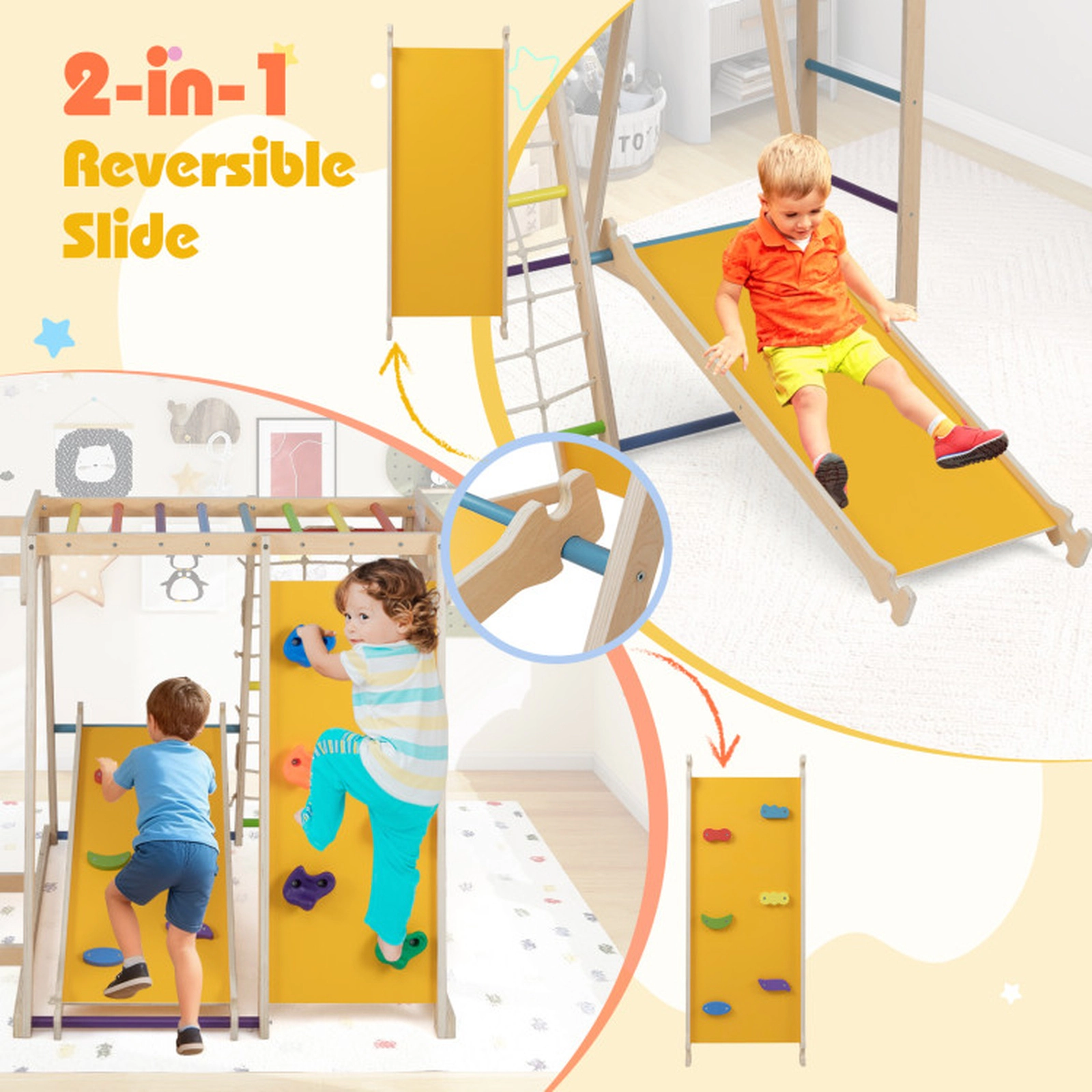 SUGIFT Kids 6-in-1 Climber with Slide Ball Toss and Birch Poles 67.5-in W 43-in D 330-lb Total Capacity Multicolor