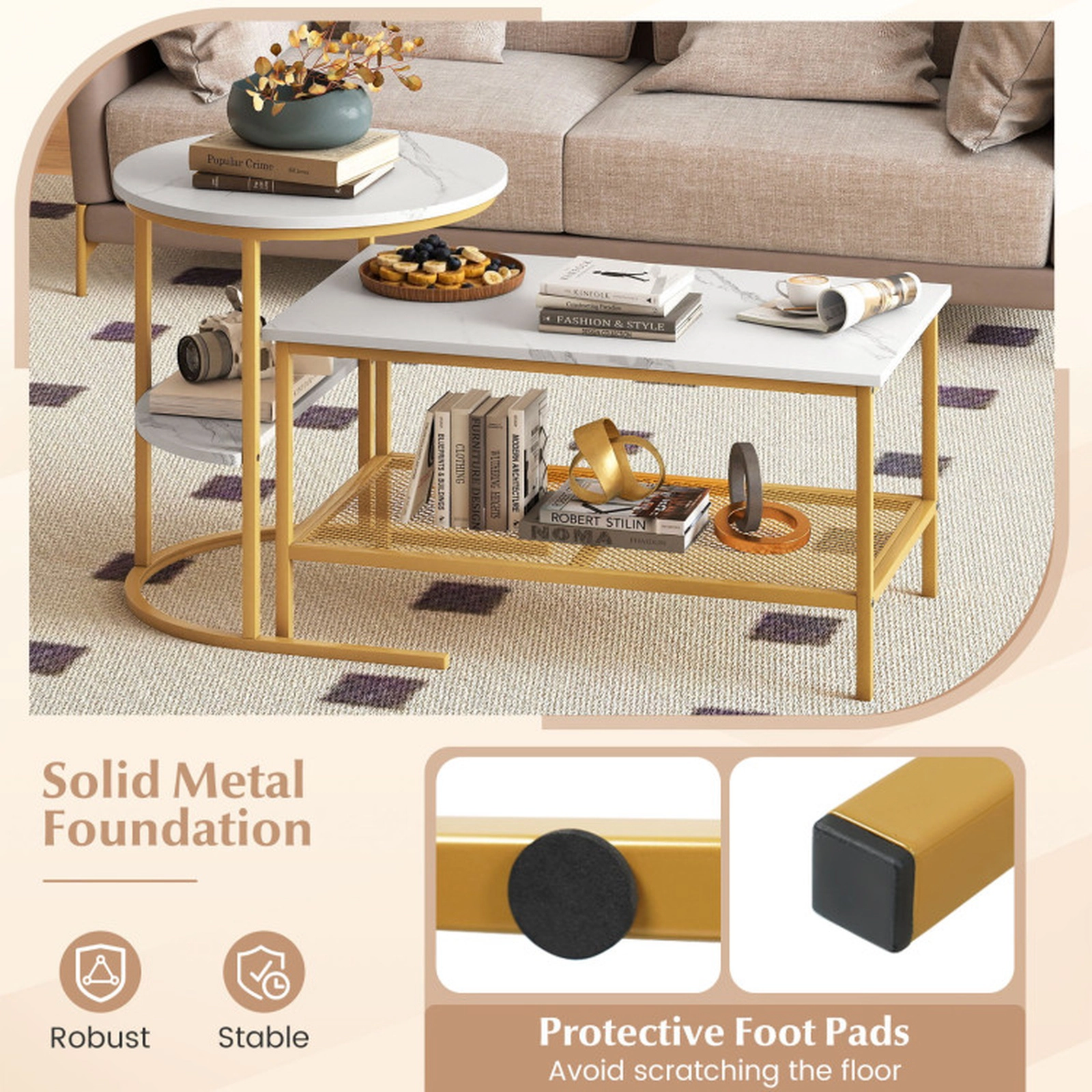 SUGIFT 2-Piece Faux Marble Top Rectangle Coffee and Round Side Table Set 31.5-in x 18-in 100-lb Capacity White