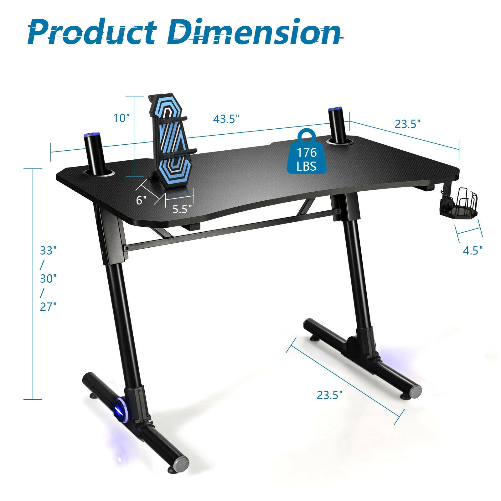 SUGIFT 43.5-in Height Gaming Computer Desk 176-lb Capacity Z-Shaped Base with Cup Holder and Blue LED Lights Black