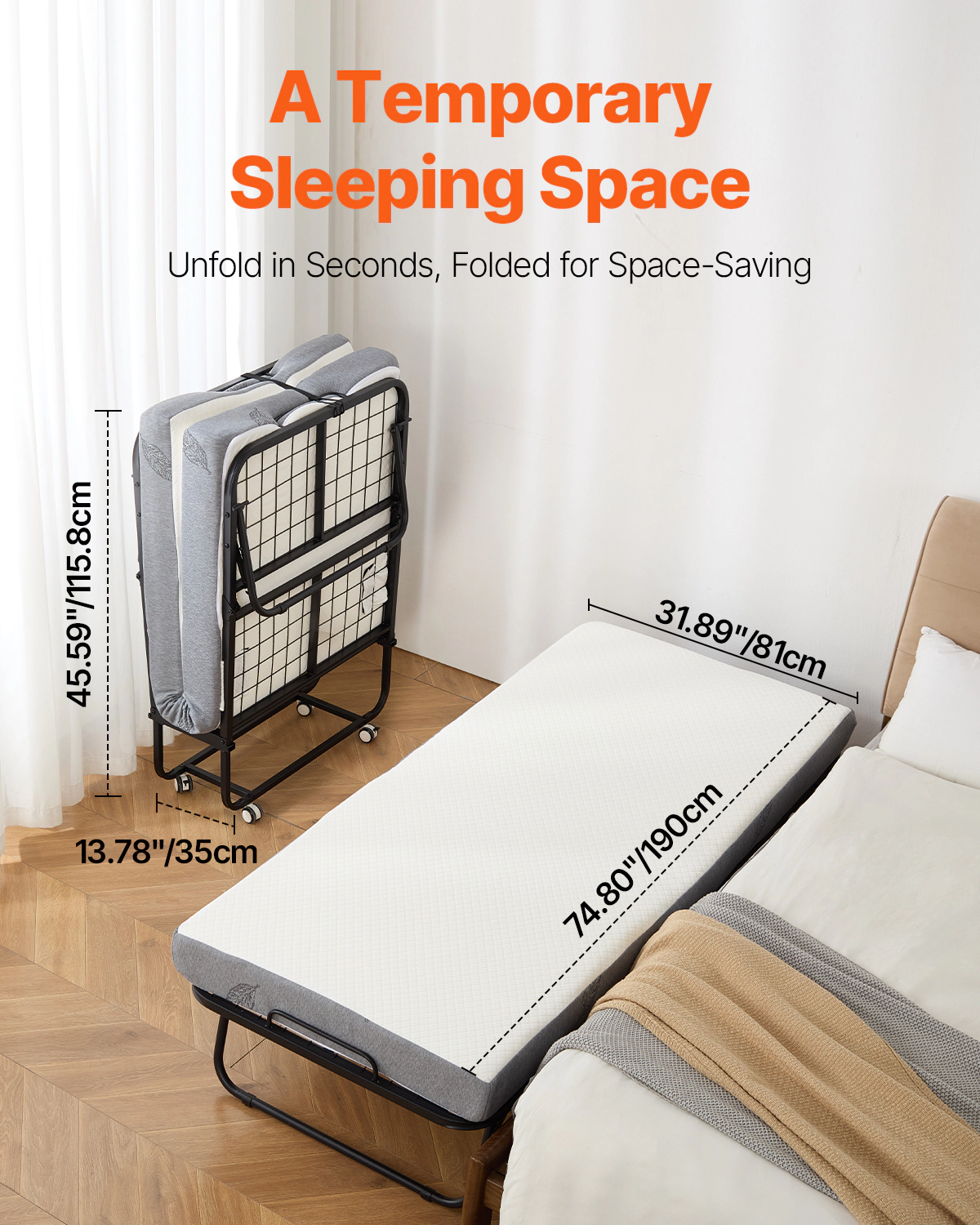 HONGGE Twin Rollaway Bed with 4 in Memory Foam Mattress, Foldable Guest Bed on Wheels, 300 lbs Capacity, 31 x 75 in