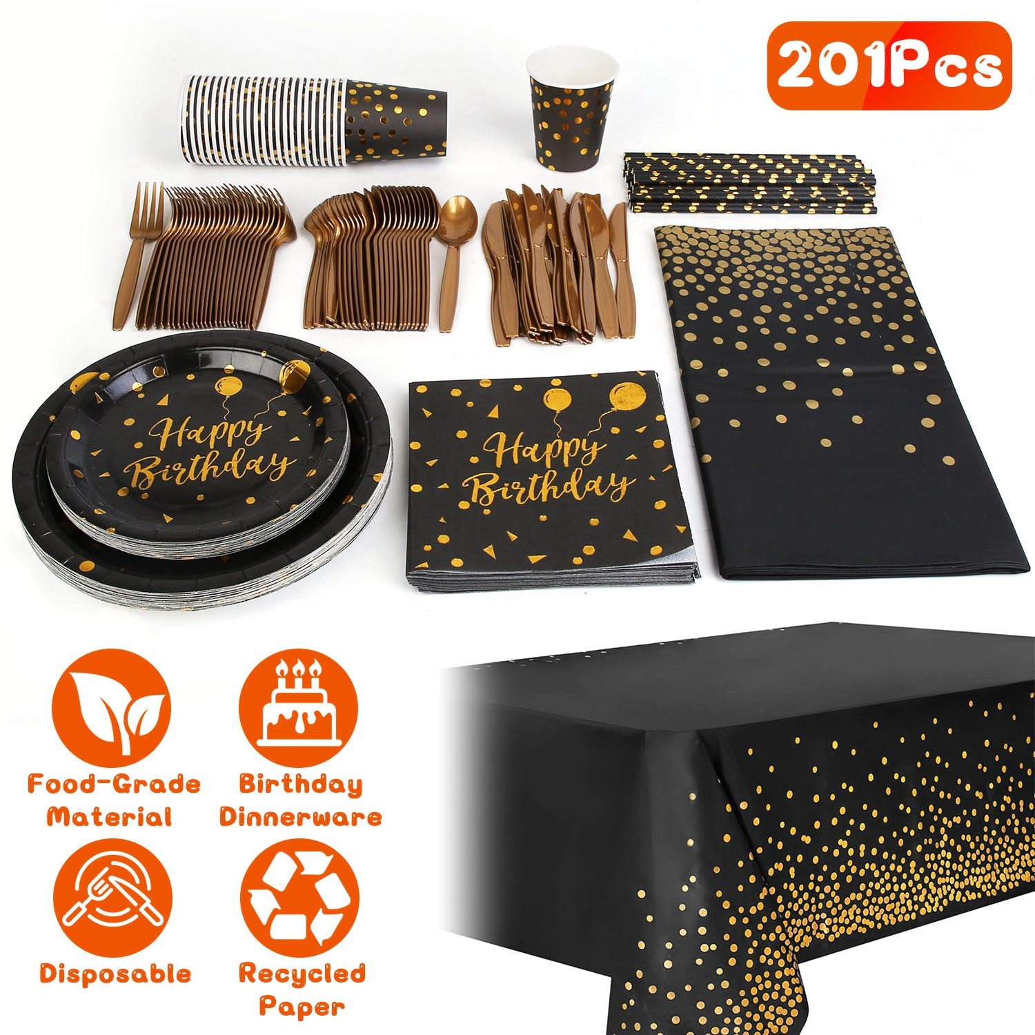 GBruno Black Gold Birthday Party Supplies Set