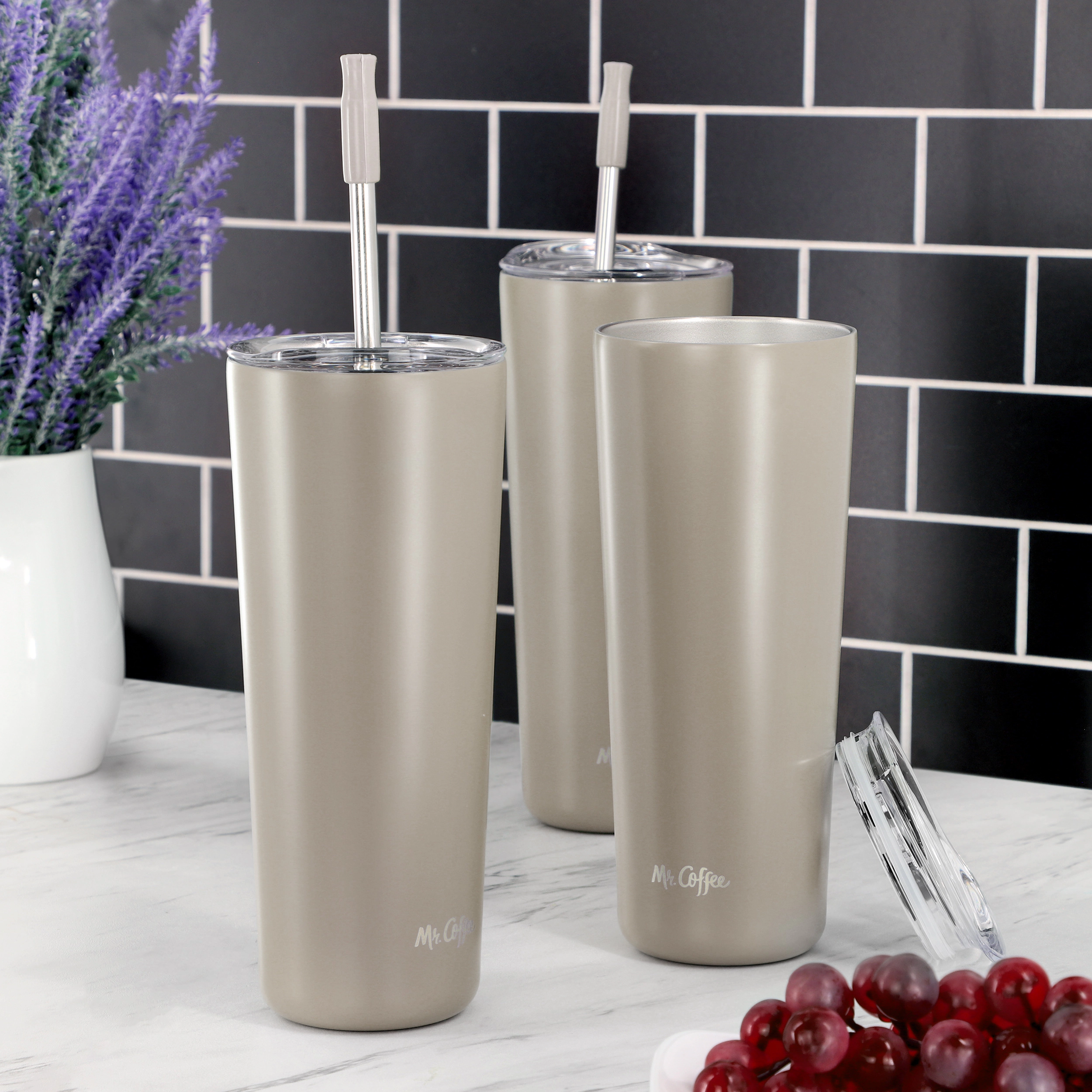 Mr. Coffee Java Quest 4 Piece 23 oz Stainless Steel Tumbler Set with Lids and Straws Teal