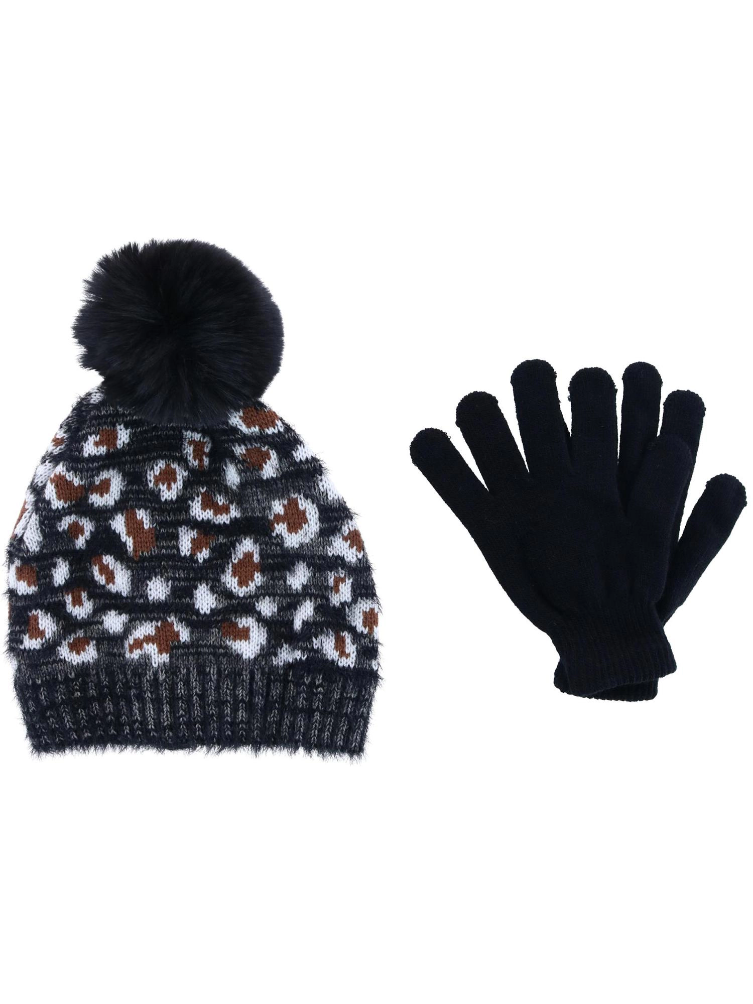CTM Girl's 7-14 Leopard Print Winter Pom Hat and Glove Set by Connex Gear