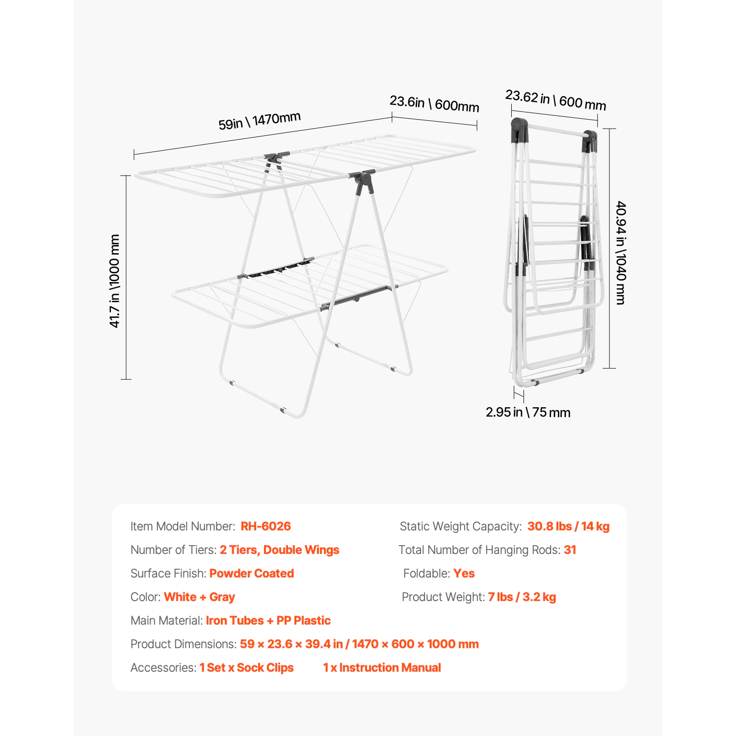 HONGGE 2-Tier Foldable Clothes Drying Rack with Sock Clips & Rods