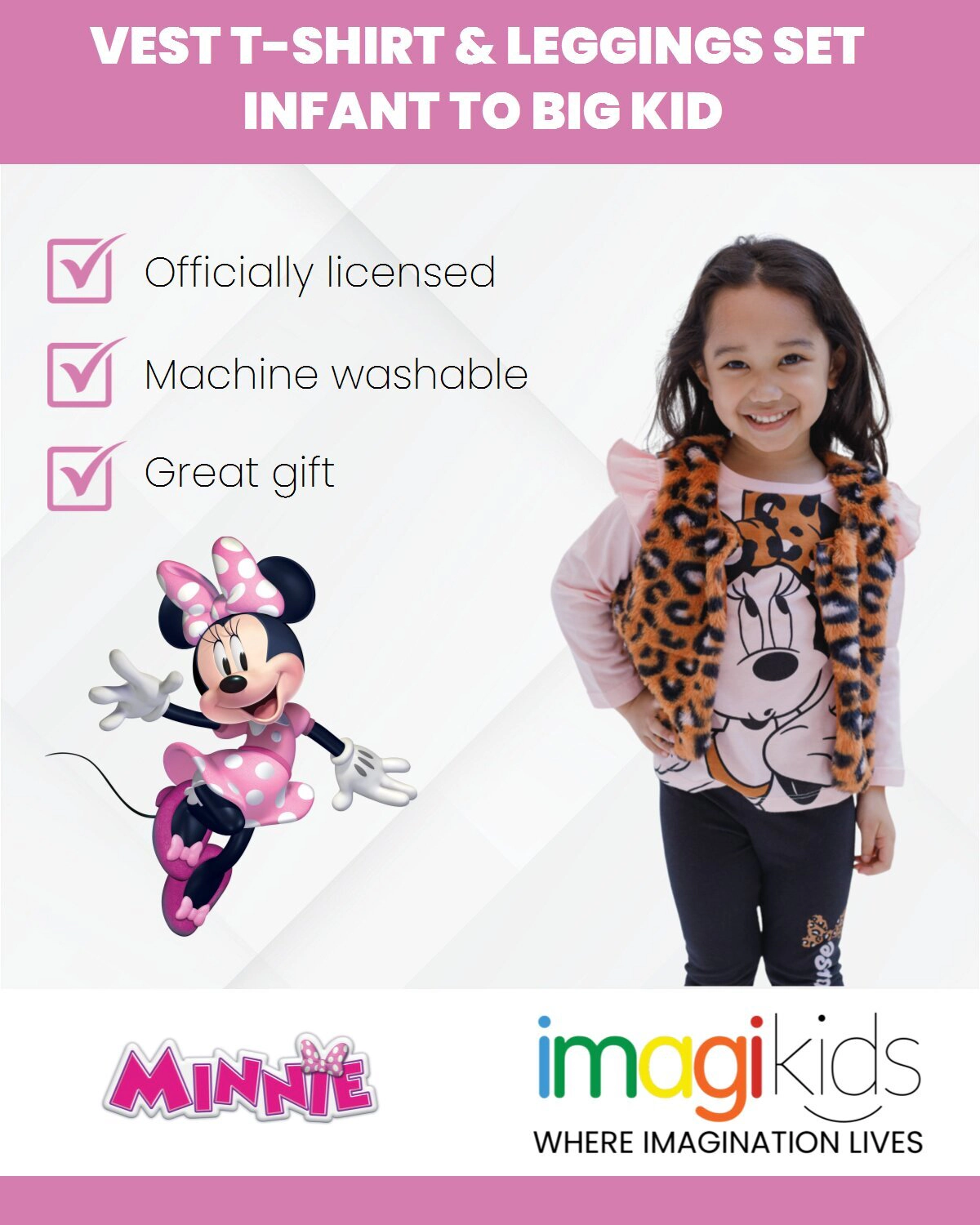 Disney Minnie Mouse Girls' Faux Fur Vest Tee and Leggings Set
