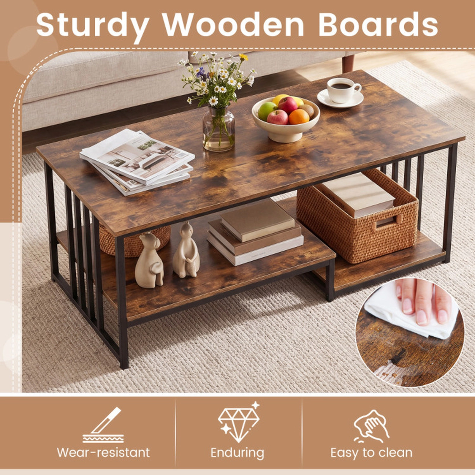 SUGIFT 2-Tier Slatted Metal Frame Open Shelf Coffee Table 43.5-in x 23.5-in x 18-in 110-lb Capacity Rustic Brown