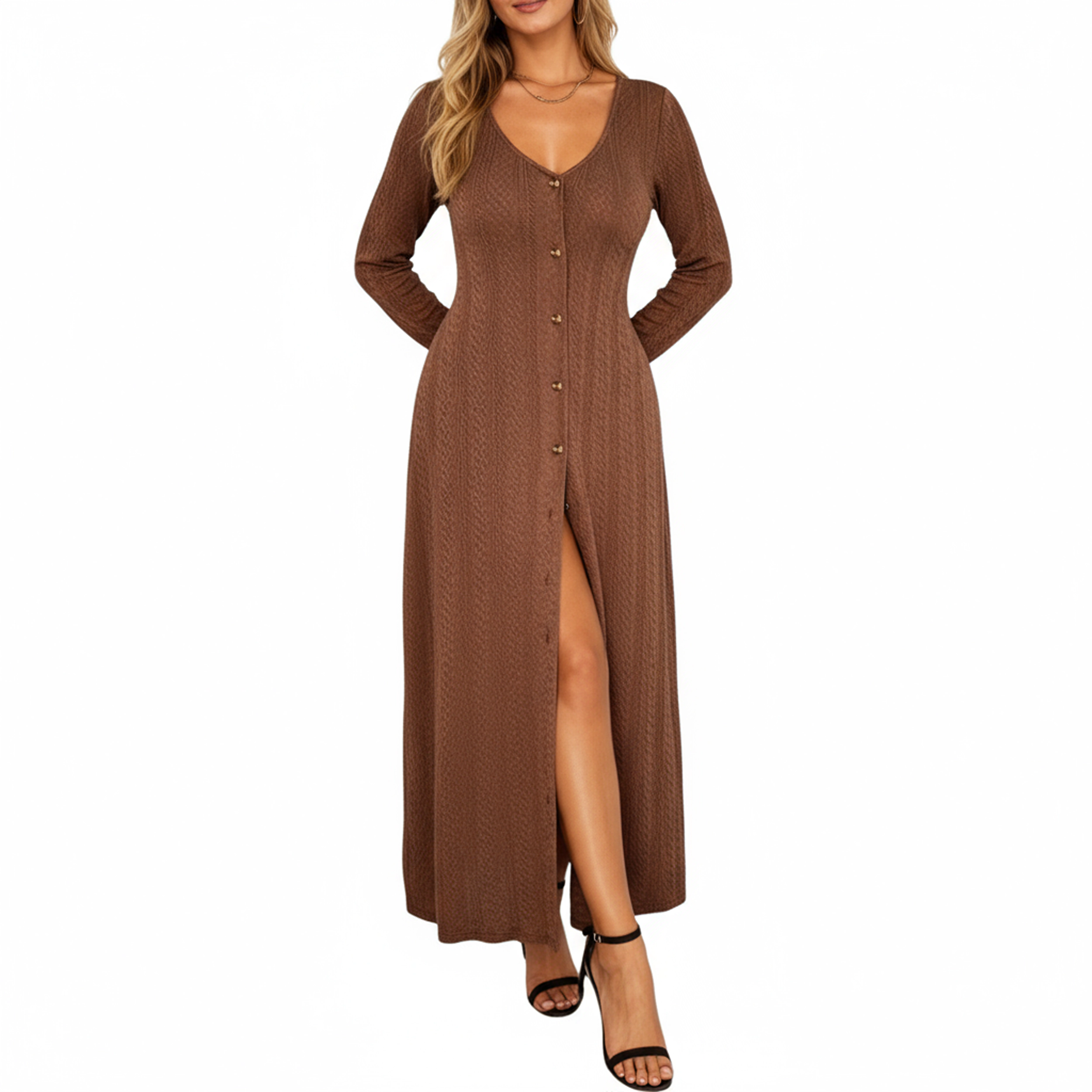 Anna-Kaci Women's Long Sleeve Button Front Deep V-Neck Side Slit Maxi Dress