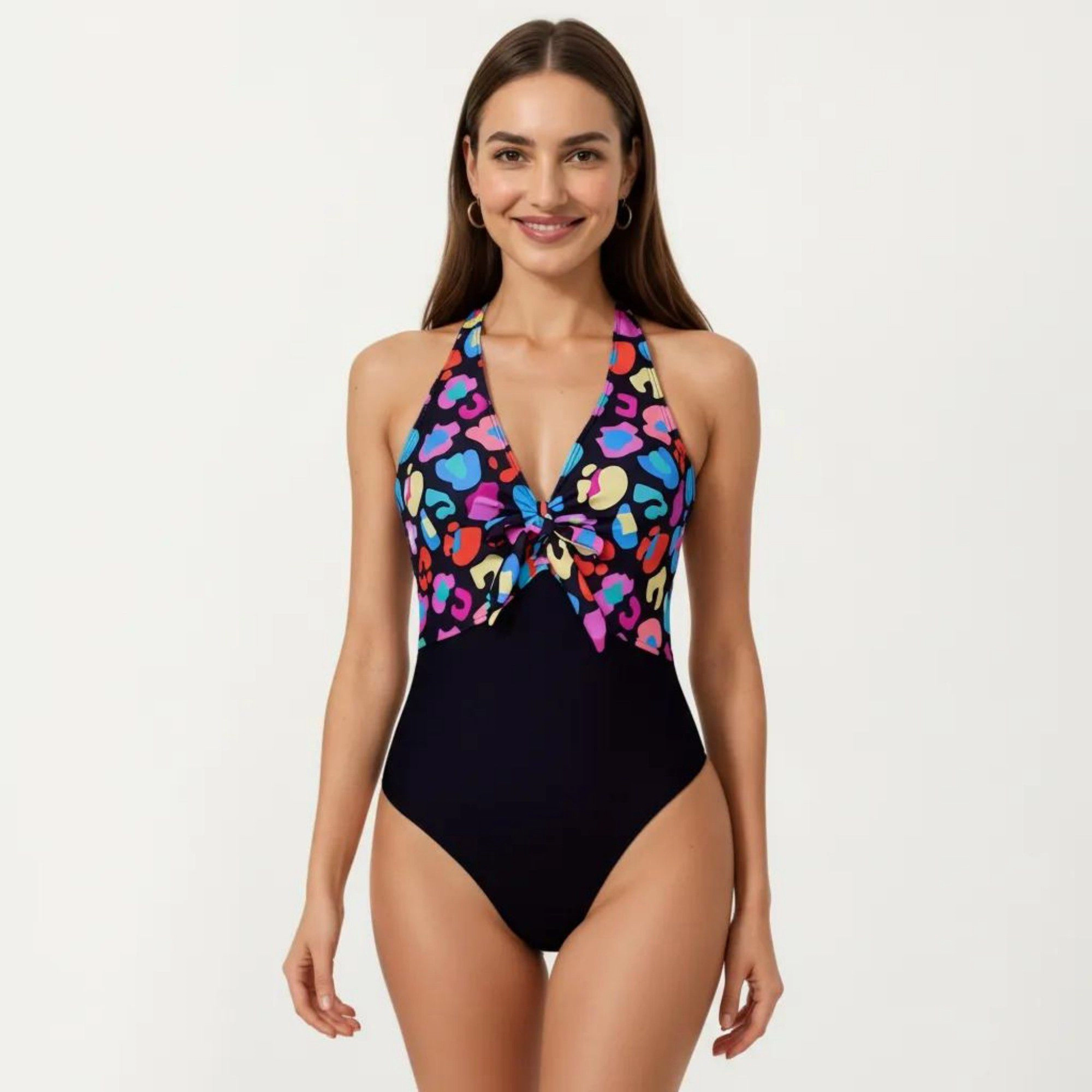 Anna-Kaci Women Halter One-Piece Swimsuit - Twist Front Cutout, Printed Top Panel, Stretch Fit