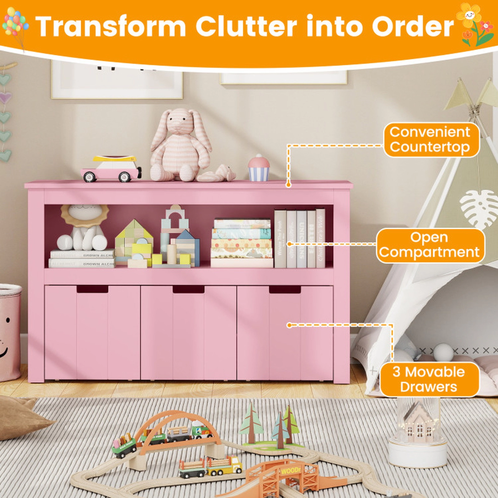 SUGIFT Kids 3 Slide-Out Drawers Wheels Open Shelf Toy Storage Cabinet 40-in x 13-in x 24.5-in 110-lb Capacity Pink