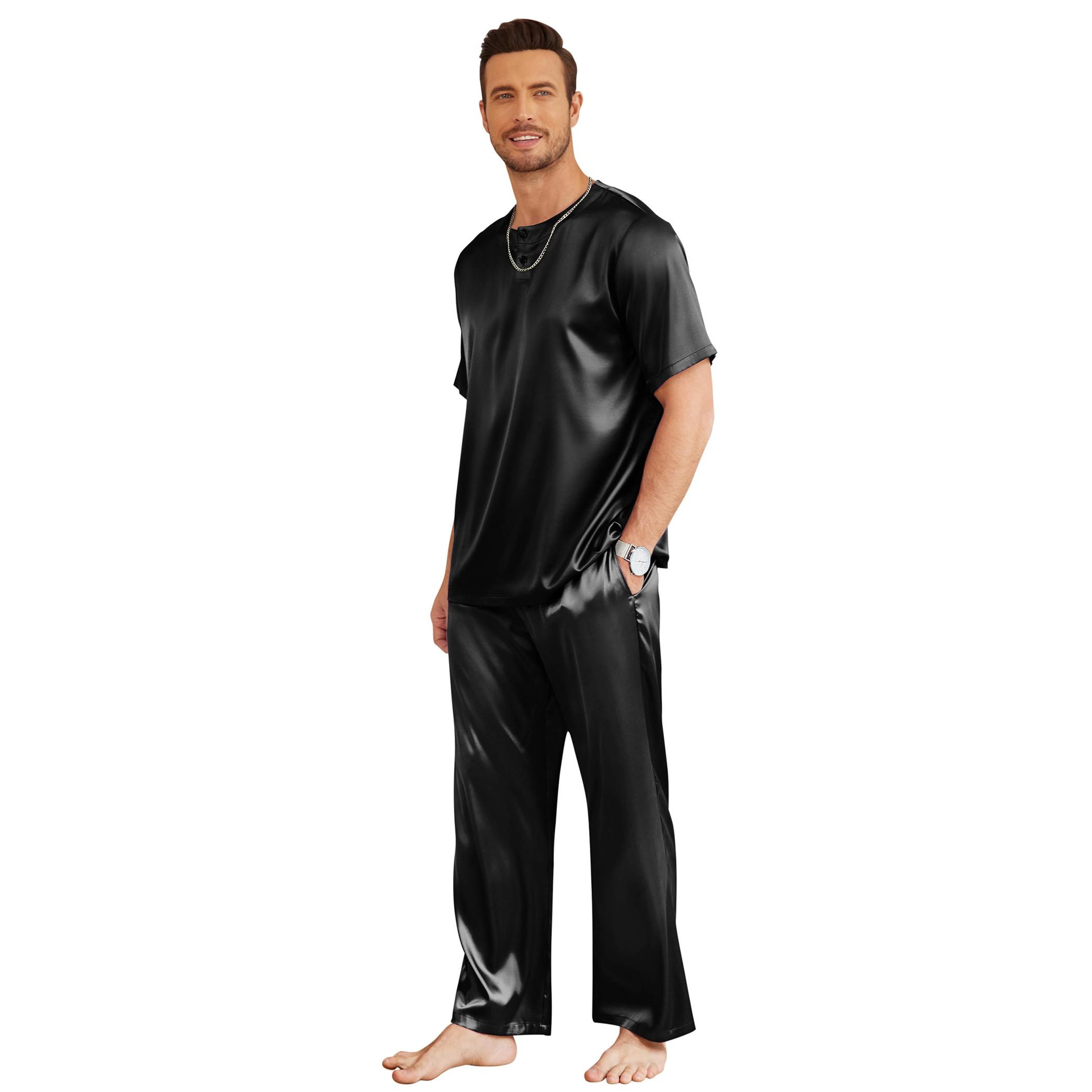 Ekouaer Silk Pajamas For Men Pjs Sleep Pant With Pockets Round Neck Wear