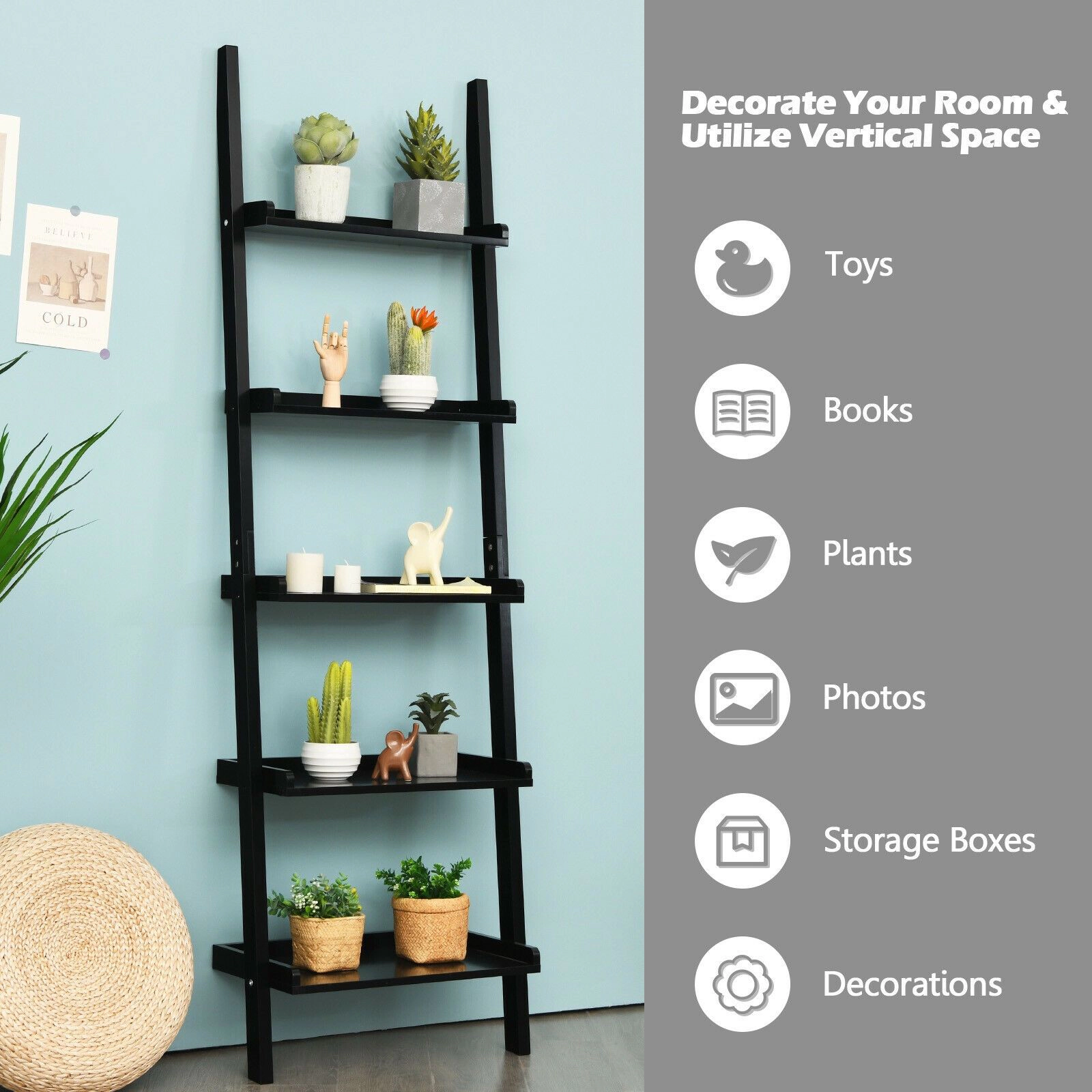 SlickBlue 5 Tier Leaning Ladder Shelf For Home Storage