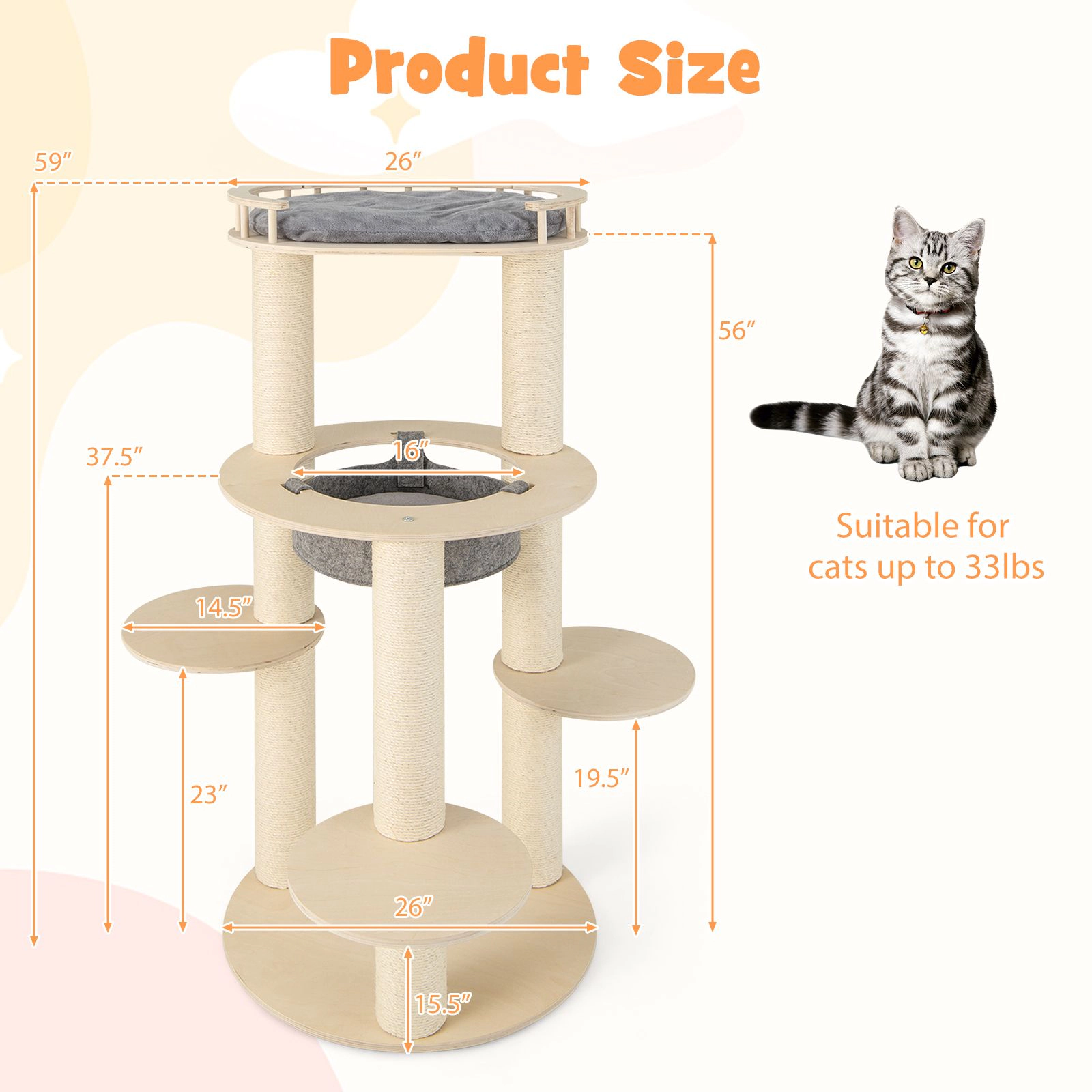 SlickBlue 59 Inch Wooden Cat Tree with Hammock & Plush Perch