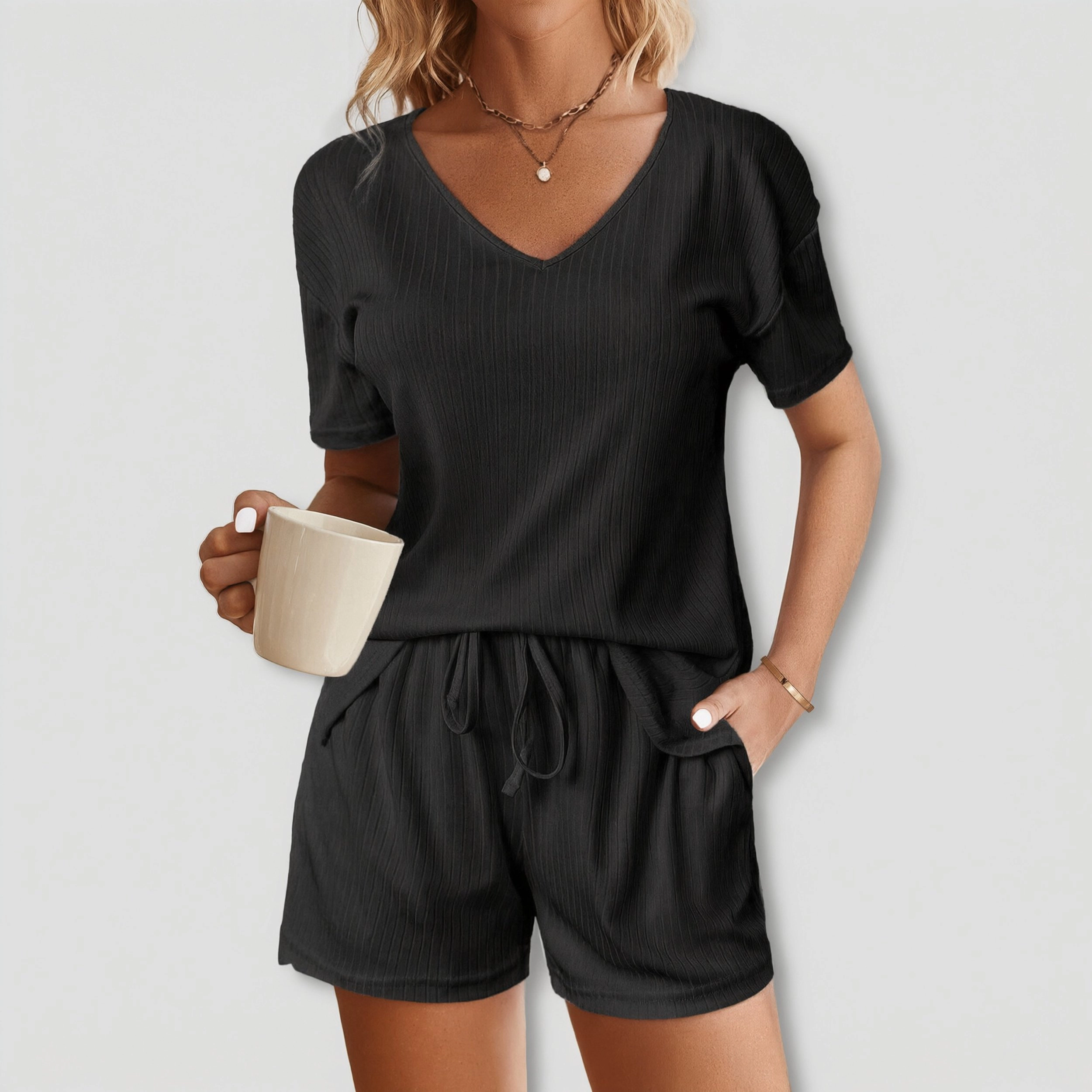 Ekouaer Womens Ribbed Knit Lounge Set Short Sleeve Top and Shorts Sleepwear Pajama
