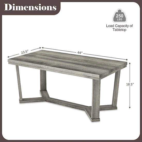 SUGIFT 44-in 250-lb Capacity Gray Rubber Wood Rectangle Coffee Table with Cross-Shaped Base and 3-in Legs