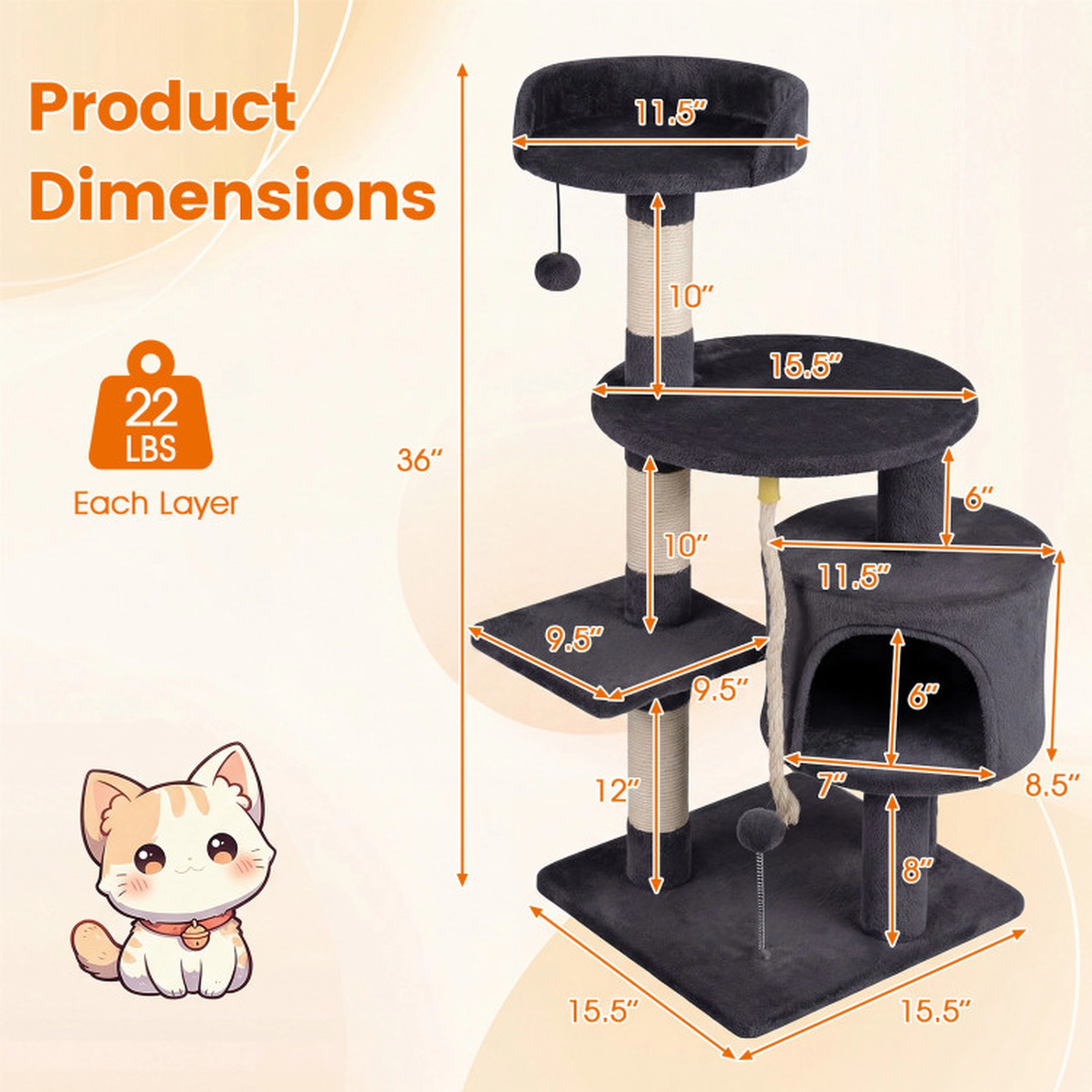SUGIFT 36-in Tall Kitten Tower Cat Tree with Condo, Plush Perch and Scratching Posts 22-lb Capacity Dark Gray