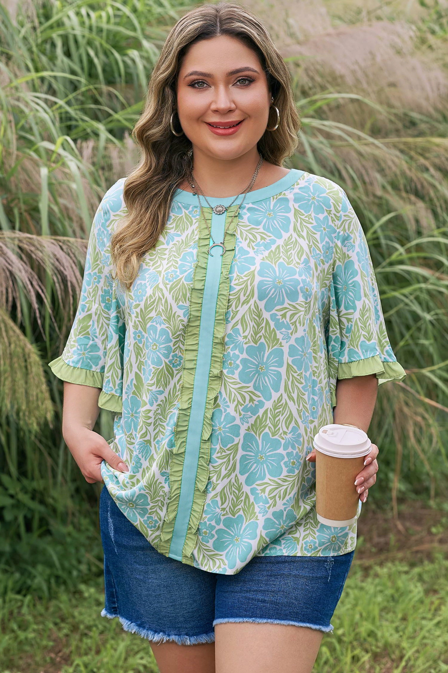 Threaded Pear Elina Trim Short Sleeve PLUS Blouse
