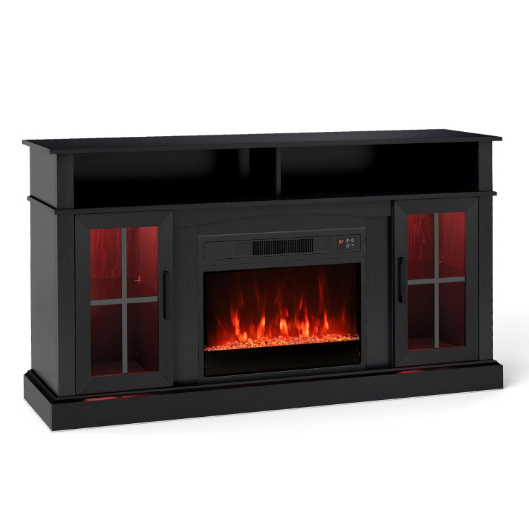 Hivvago 58 Inch Fireplace Tv Stand With Led Lights Storage Cabinets And Glass Doors
