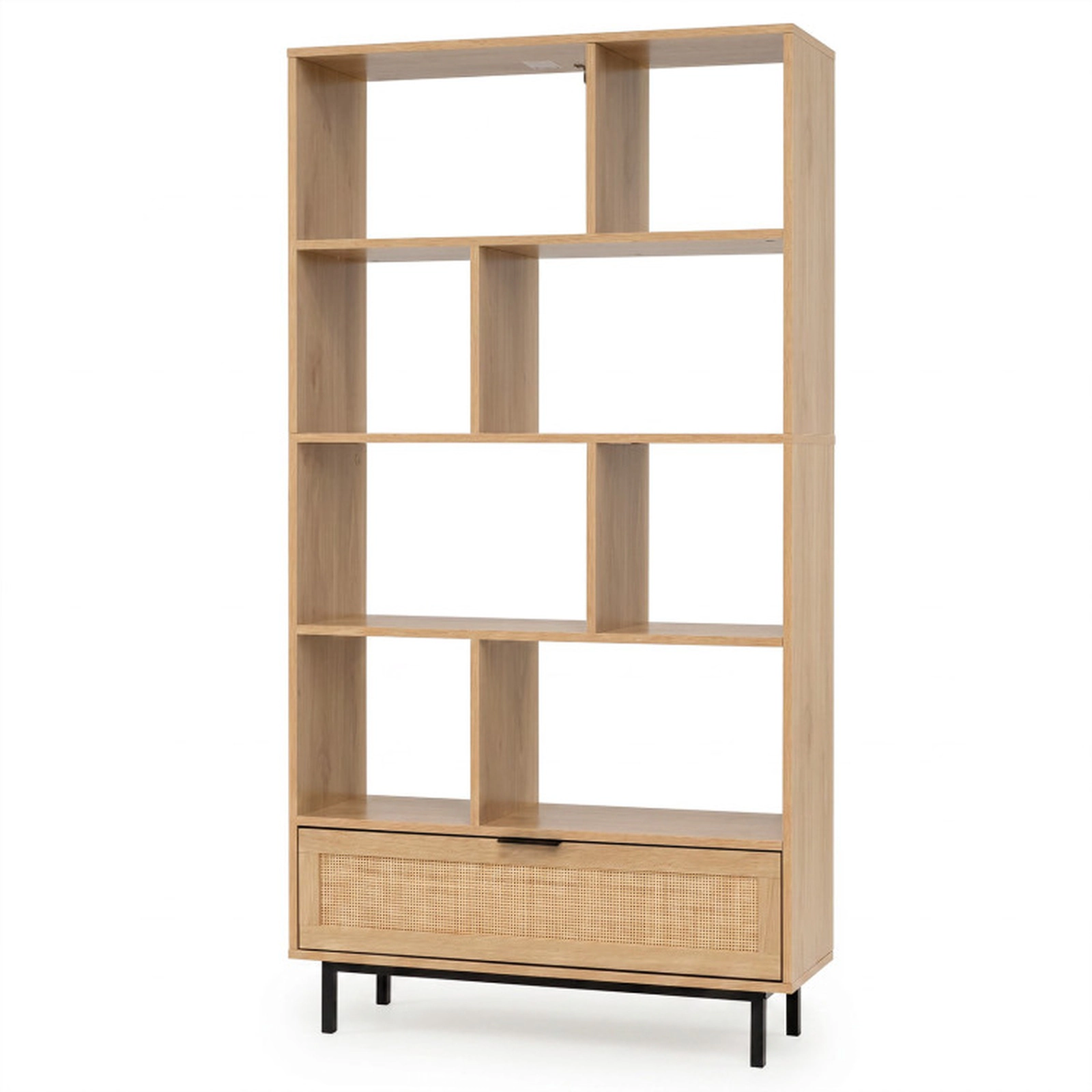 SUGIFT 64-in 6-Tier 33-lb Capacity Natural Wooden Bookcase with 8 Open Cubes Rattan Drawer and Metal Legs