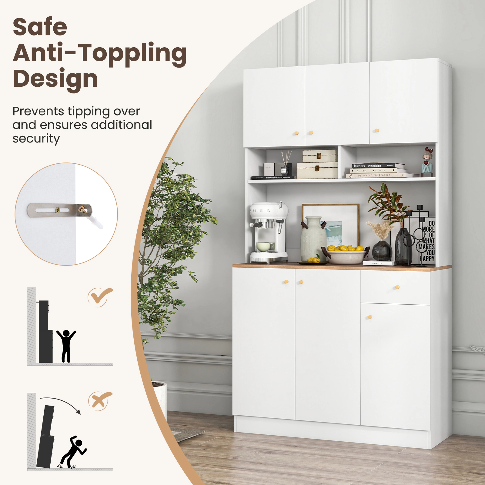 SUGIFT 71-in Tall 330-lb Countertop White Pantry Cabinet with 2 AC Outlets 2 USB Ports and Adjustable Shelves