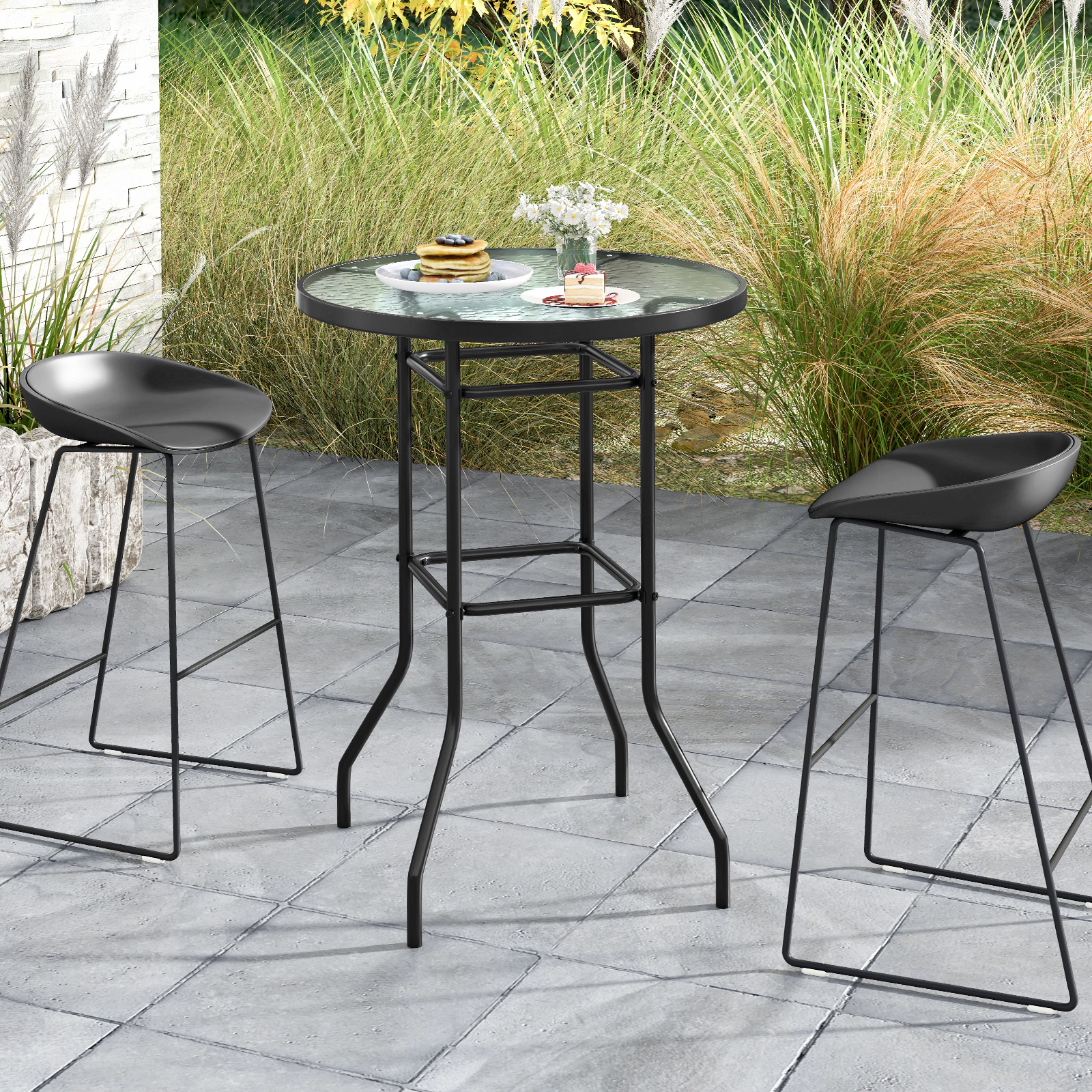 LJG 38 Inch Patio Bar Table with Tempered Glass Tabletop