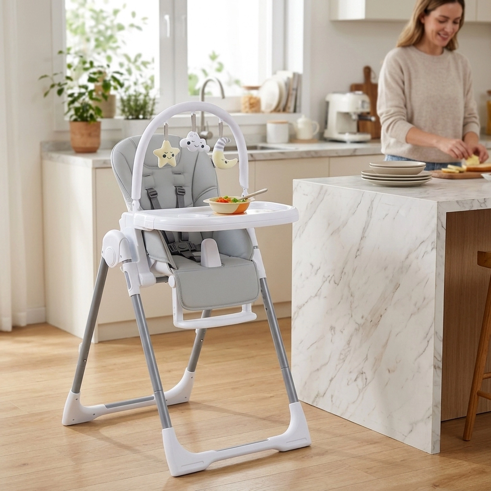 Adjustable Baby High Chair Independent Height Backrest and Footrest Settings PU Cushion Compact Fold Light Gray