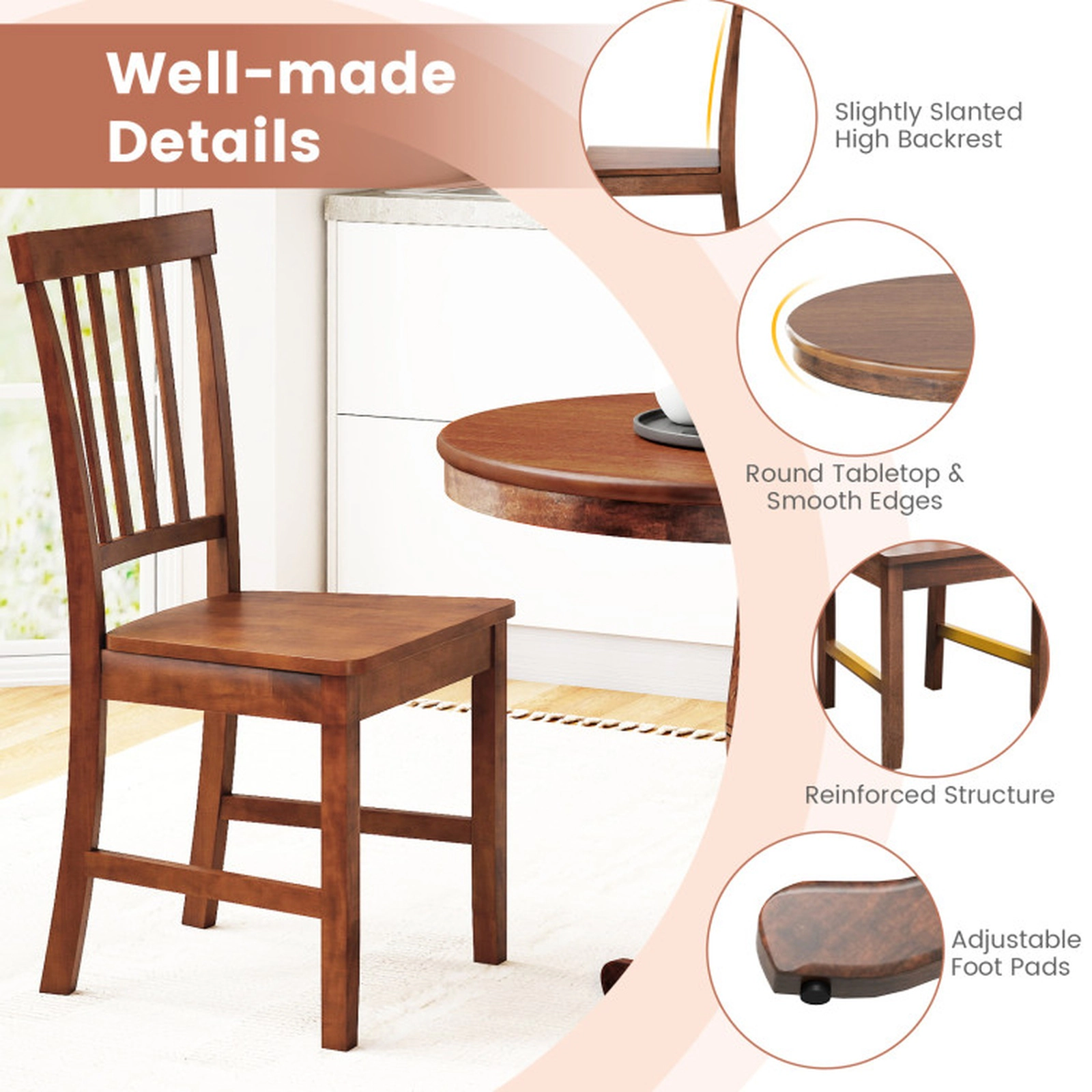 SUGIFT 3-Piece Rubber Wood Slat Back 2 Chairs Pedestal Table Dining Set 32-in Dia x 30-in H 220-lb Capacity Walnut